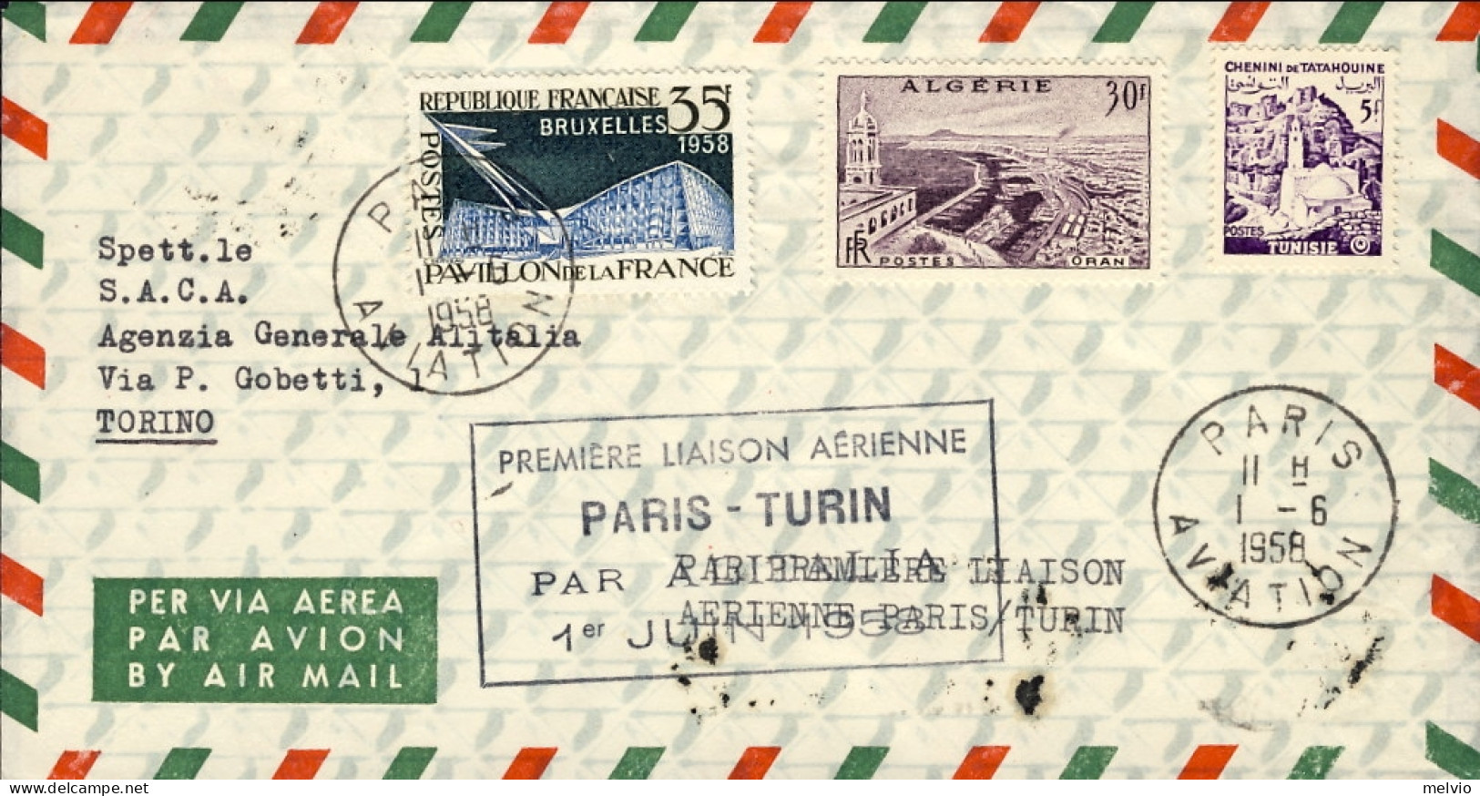 1958-Francia Algeria I^volo Alitalia Parigi-Torino Del 1 Giugno - Otros & Sin Clasificación