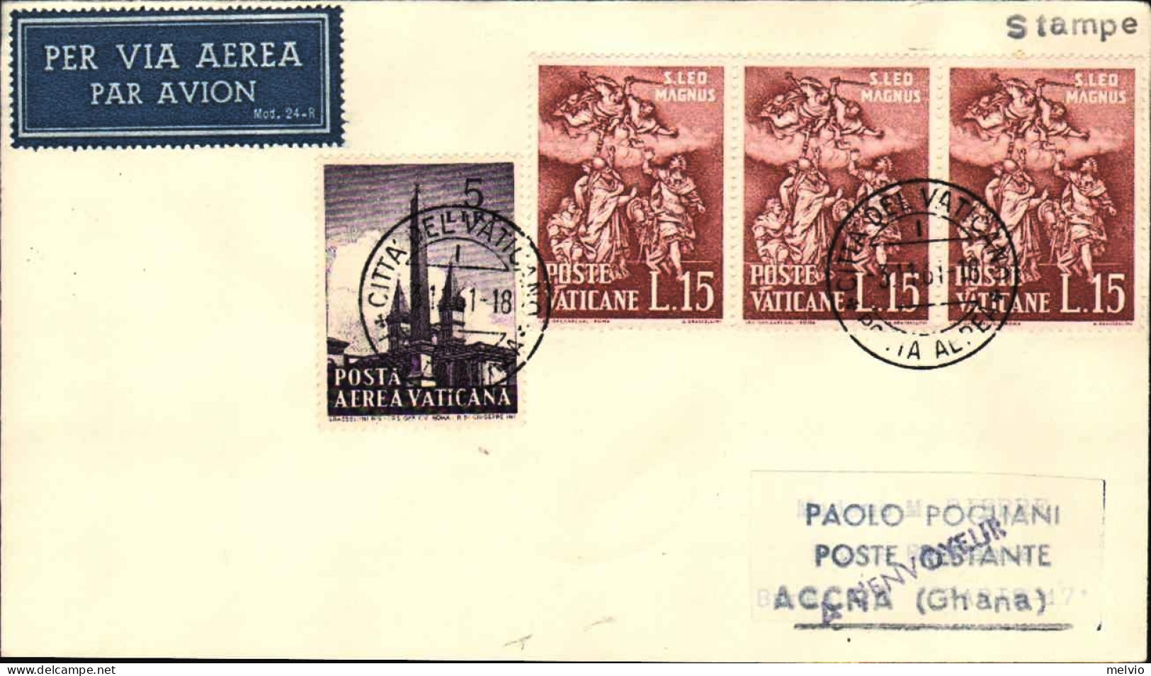 Vaticano-1961 I^volo Alitalia Roma-Lagos-Accra Tariffa Stampe Diretto Ad Accra ( - Ghana (1957-...)