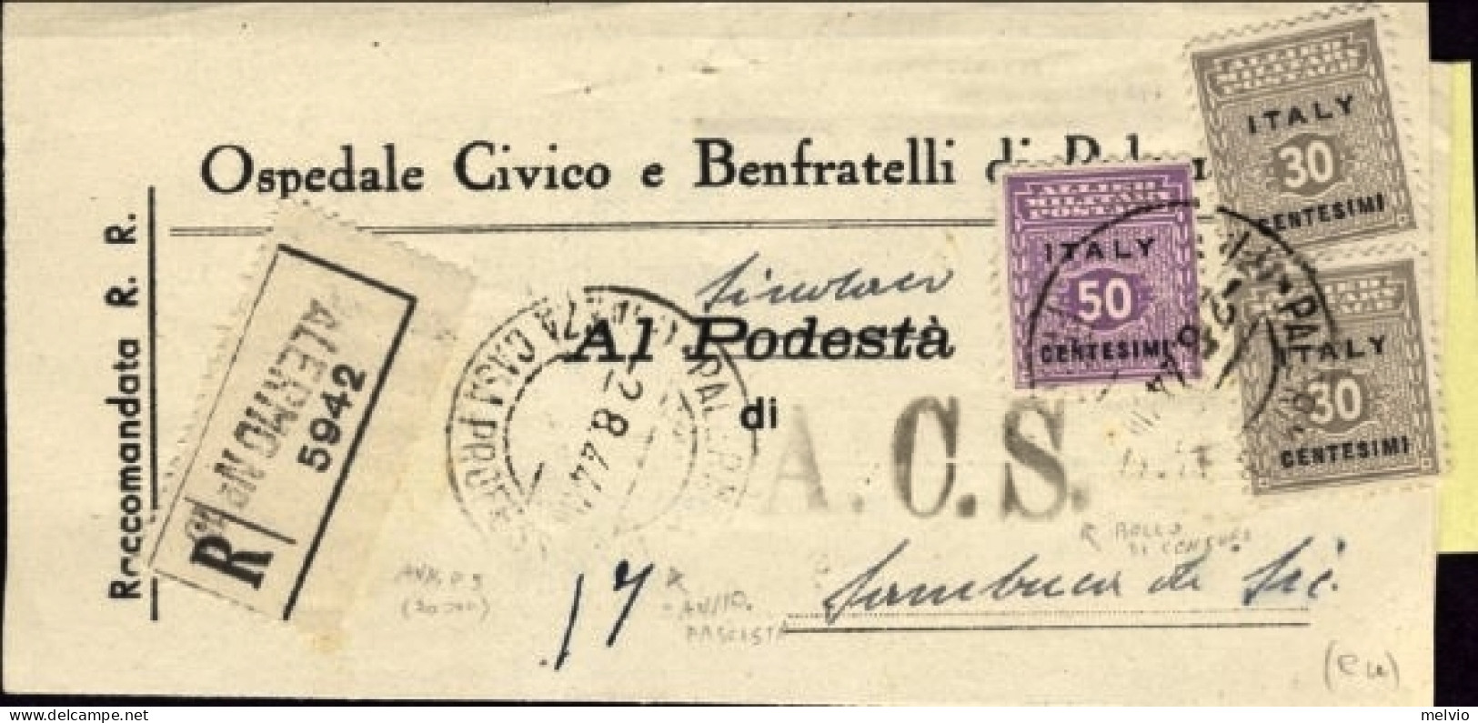 1944-Sicilia AMG OT Piego Municipale Raccomandato Affrancato Con Due 30c.+50c. P - Occ. Anglo-américaine: Sicile