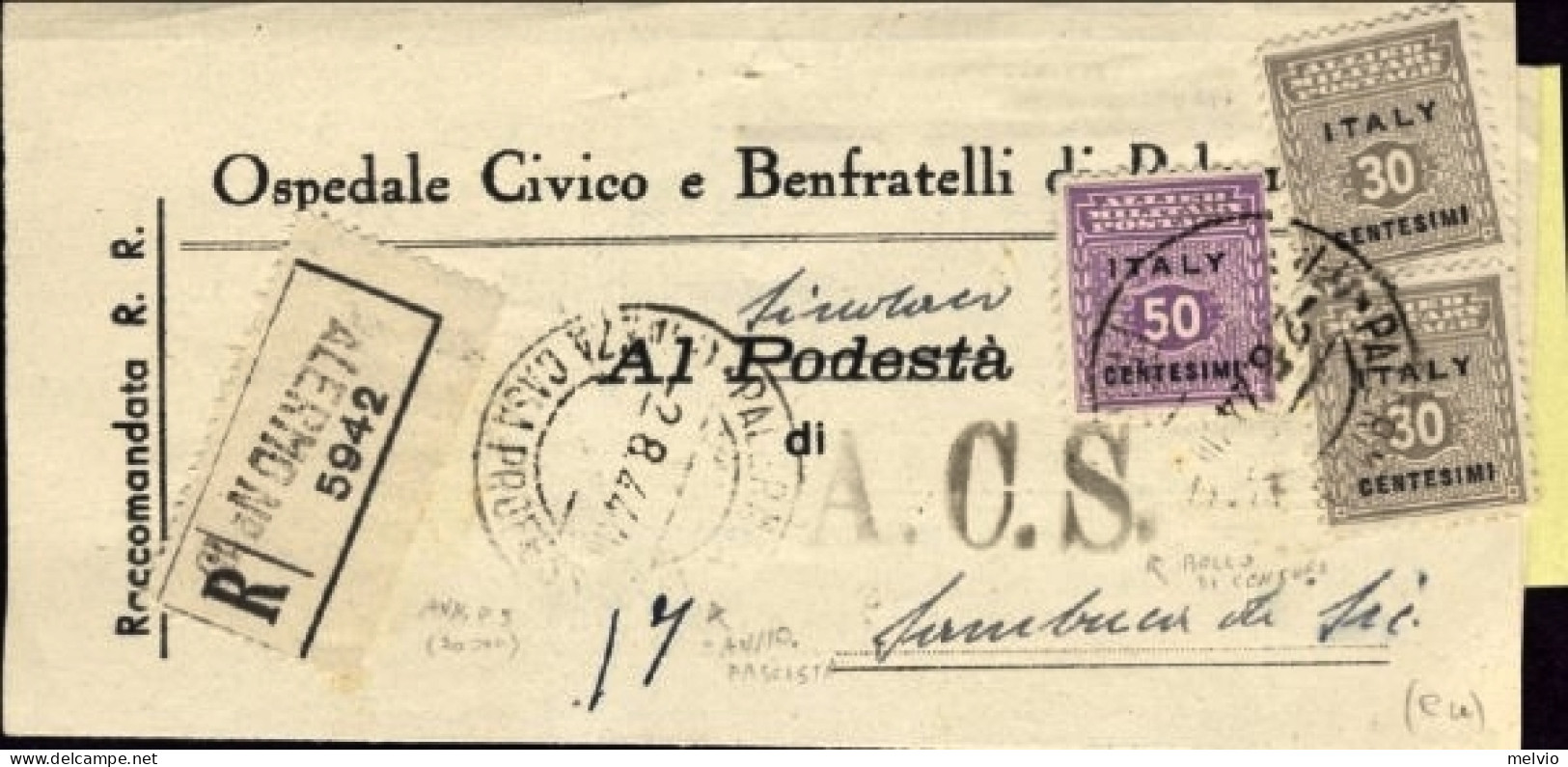 1944-Sicilia AMG OT Piego Municipale Raccomandato Affrancato Con Due 30c.+50c. P - Ocu. Anglo-Americana: Sicilia