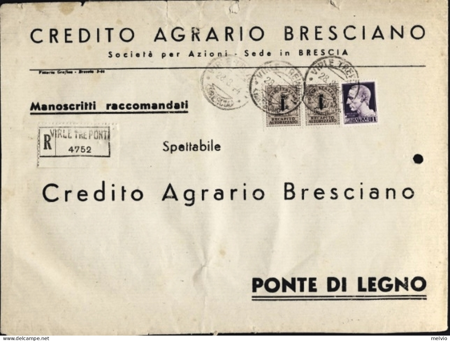 1944-manoscritti Raccomandati Da Virle Tre Ponti BS Affrancata L.1 Imperiale + C - Storia Postale