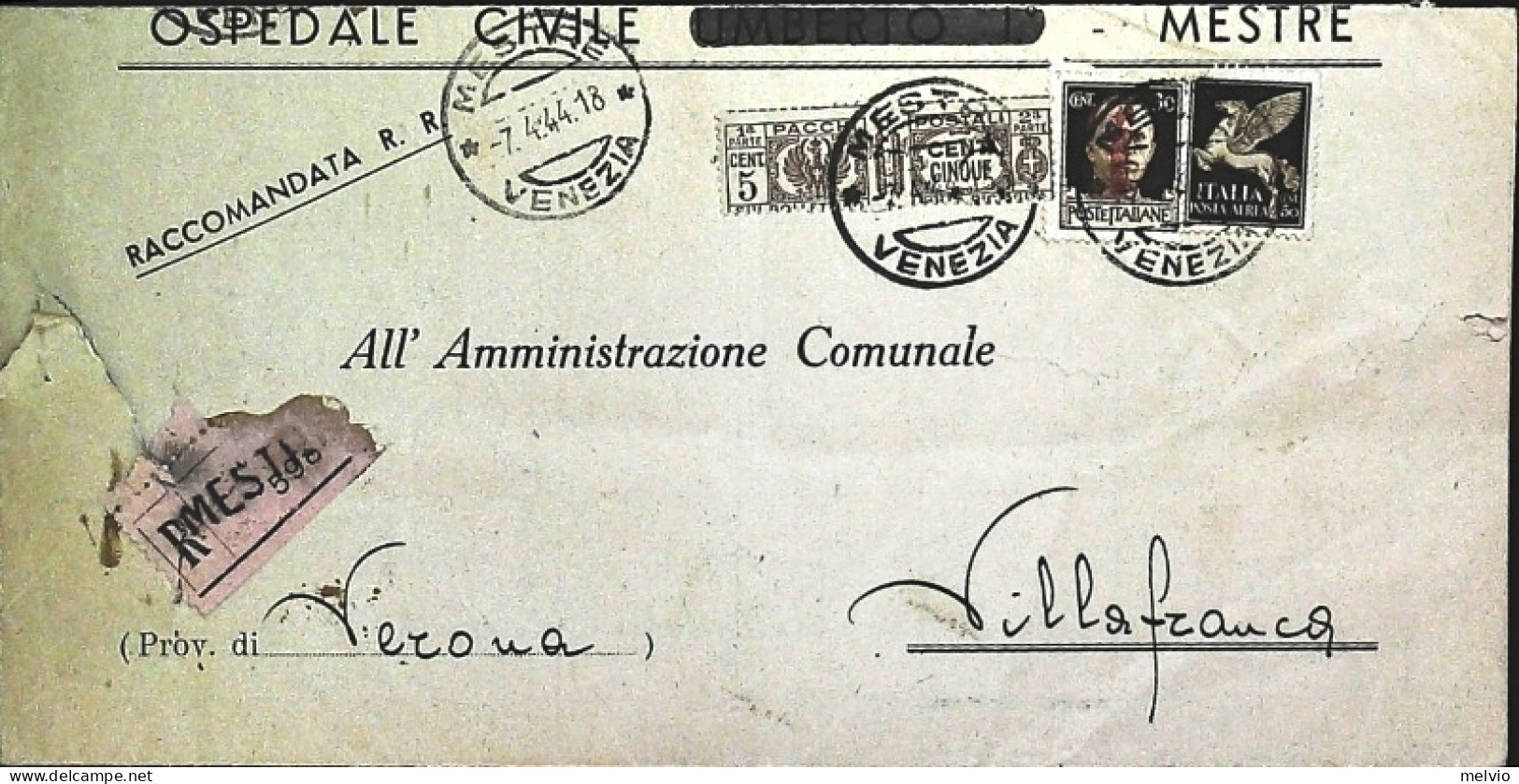 1944-RSI Piego Ospedaliero Raccomandato Pacchi Postali 5c+30c.fascetto Rosso Ara - Poststempel