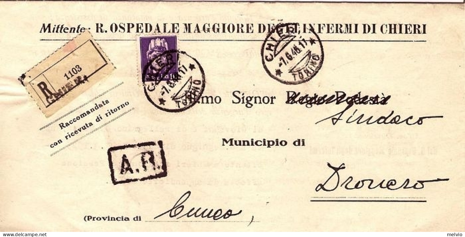 1946-Imperiale Senza Fasci Lire 10 Su Piego Raccomandato Chieri (7.06) - Marcophilie