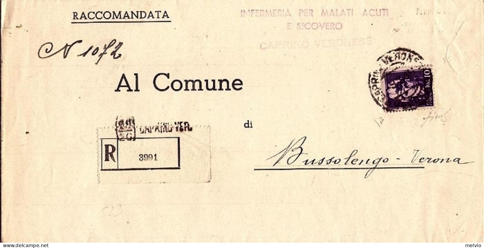 1946-Imperiale Senza Fasci Lire 10 Isolato Su Piego Raccomandato Caprino Verones - Marcophilia