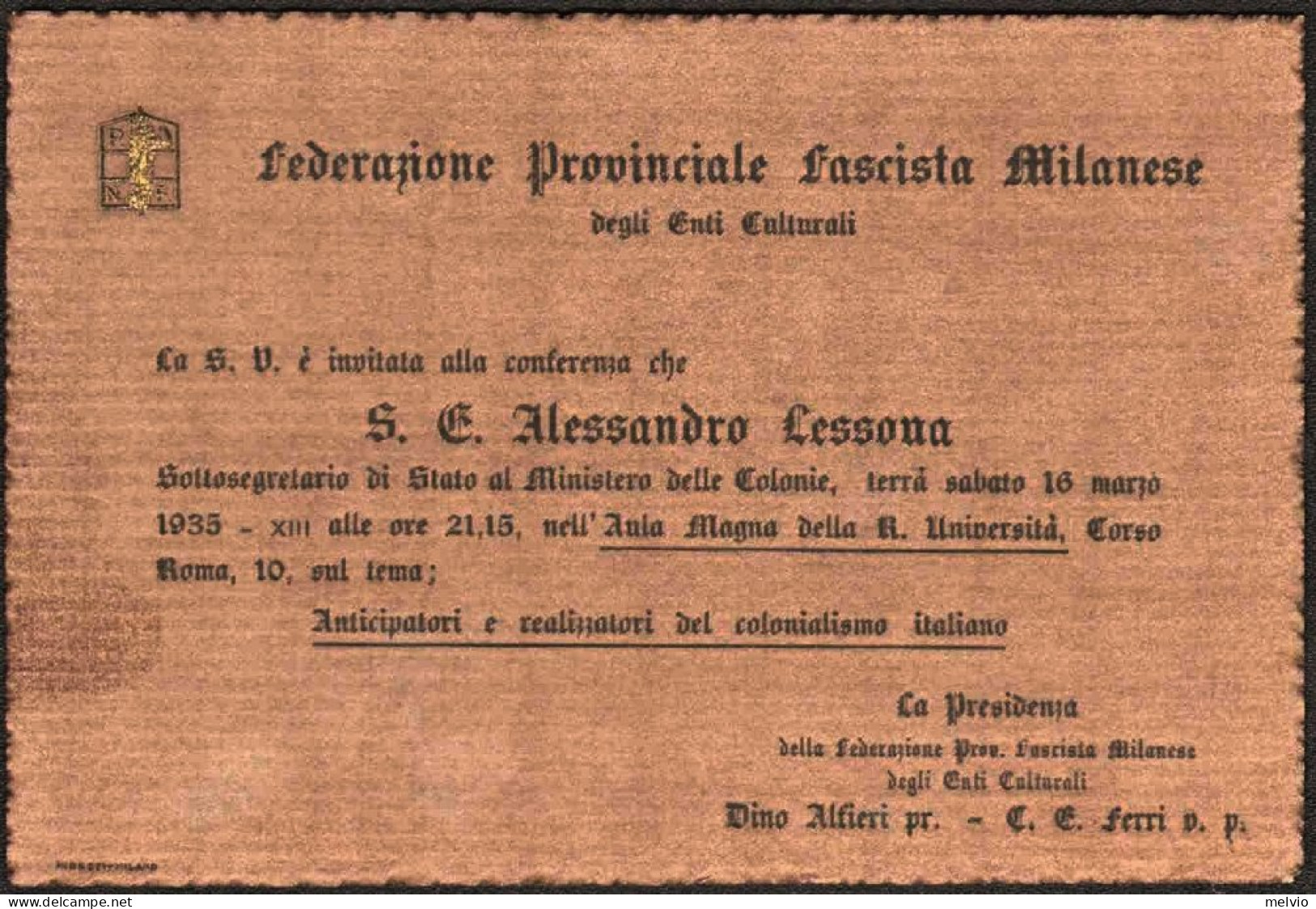 1935-cartoncino Invito Della Federazione Provinciale Fascista Milanese Degli Ent - Ricamate
