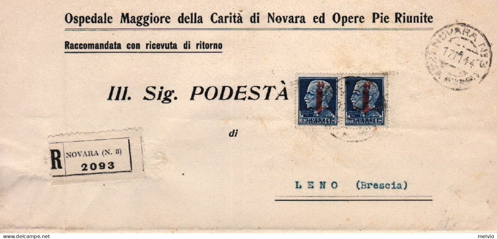 1944-R.S.I. Coppia Lire 1,25 Fascetto Su Piego Raccomandato Novara (17.11) - Marcofilía