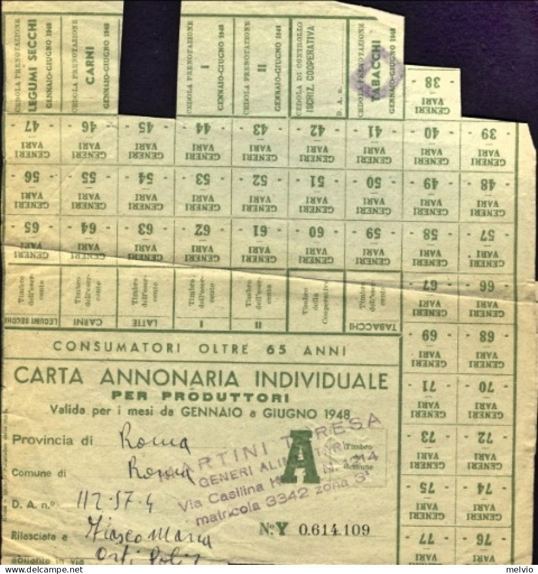 1948-CARTA ANNONARIA INDIVIDUALE Per Produttori Parzialmente Utilizzata - Historical Documents
