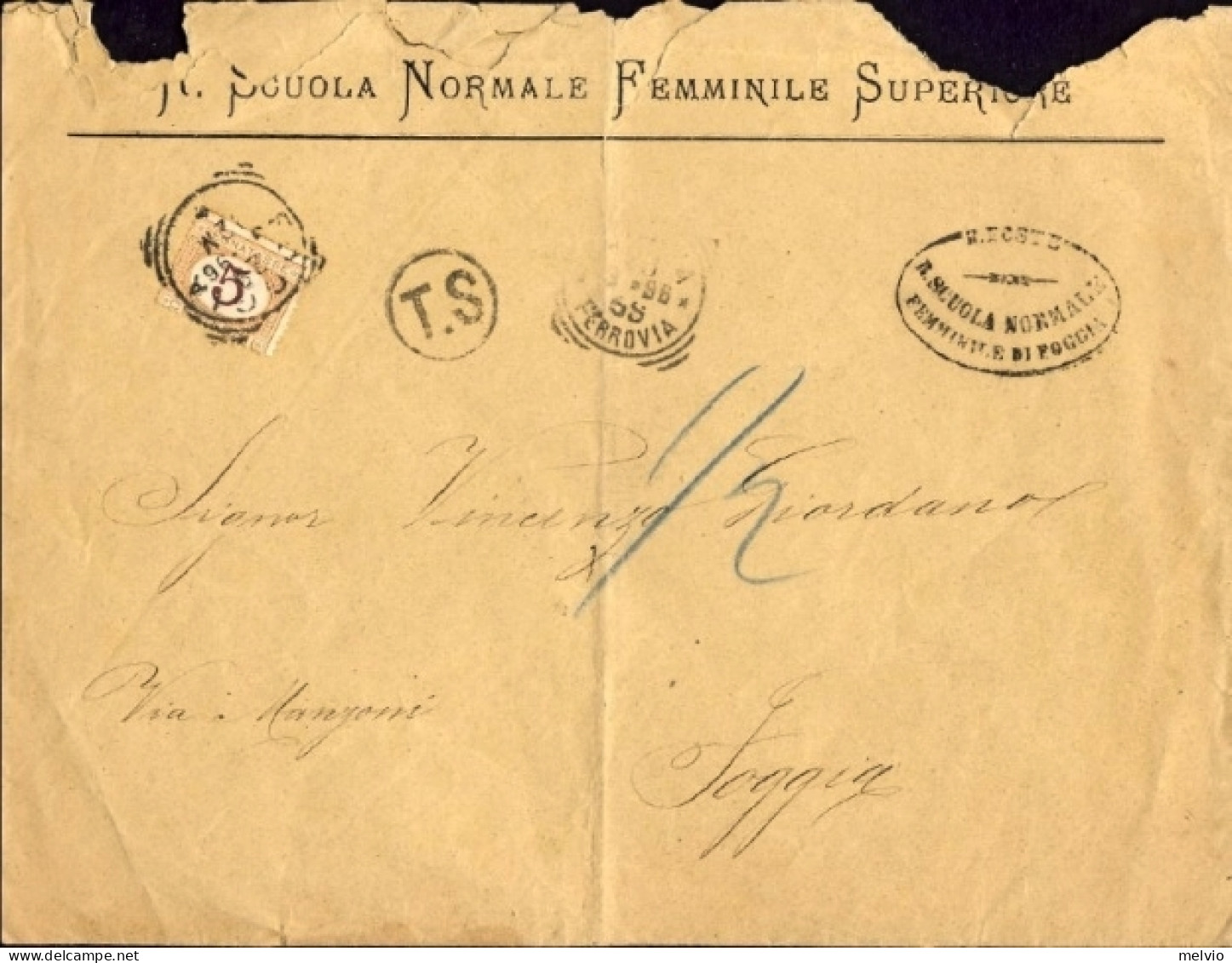 1886-Segnatasse C.5 Apposto A Foggia Su Busta Non Affrancata Per Citta' - Marcophilia