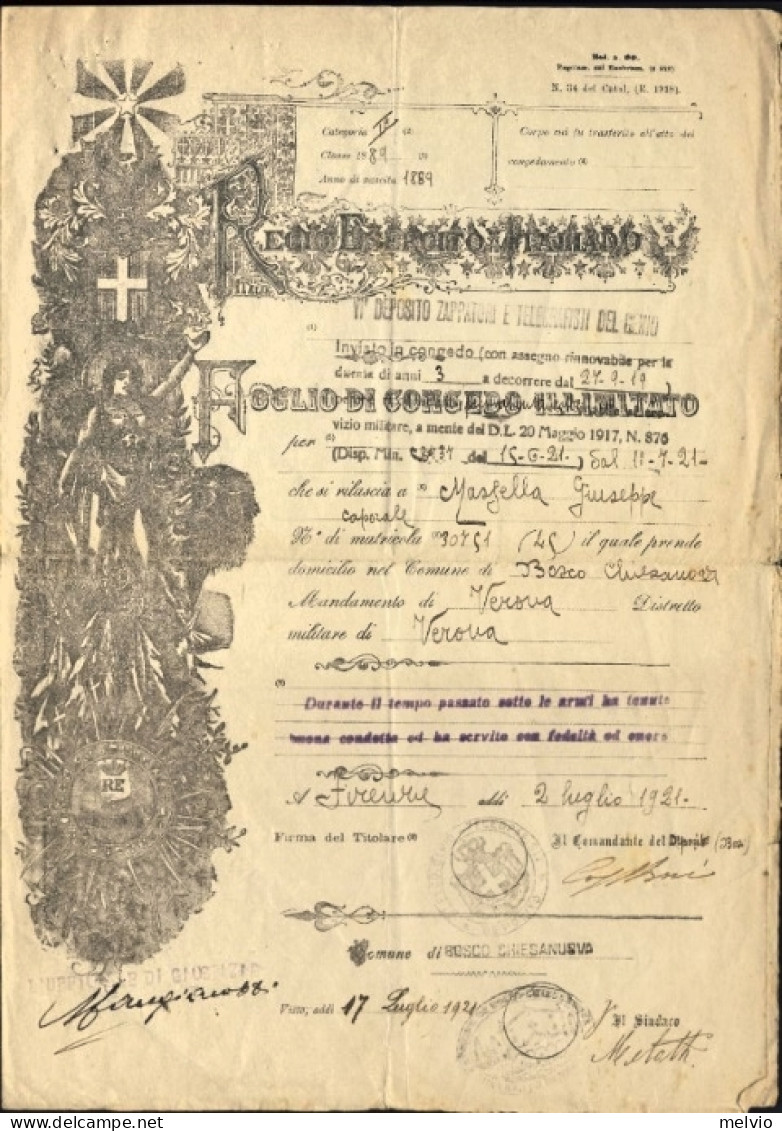 1921-REGIO ESERCITO ITALIANO Foglio Congedo Illimitato Completo - Documentos