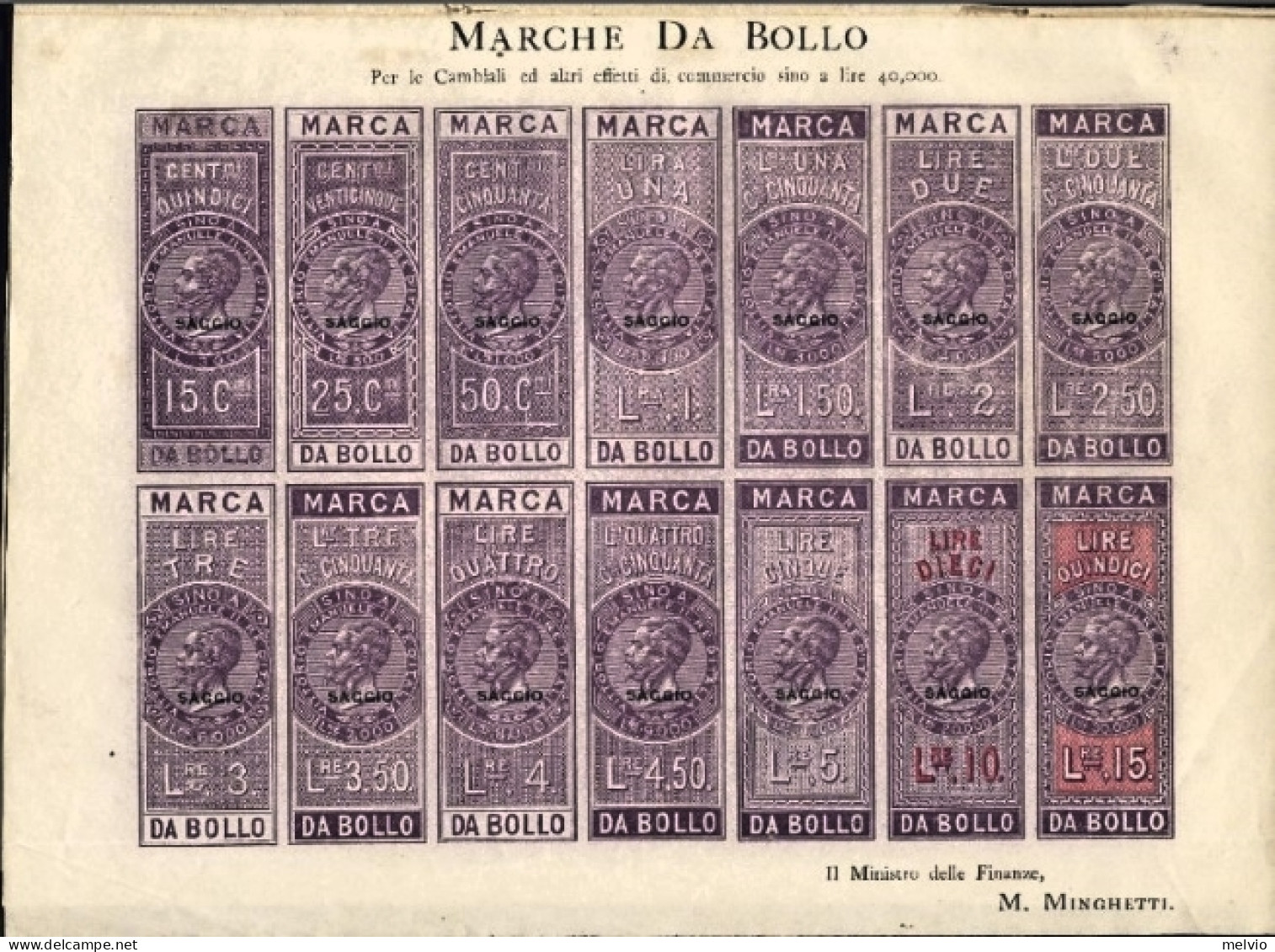 1863-saggi Di 14 Nuove Marche Da Bollo, Foglietto Ministeriale Minghetti Allegat - Fiscales