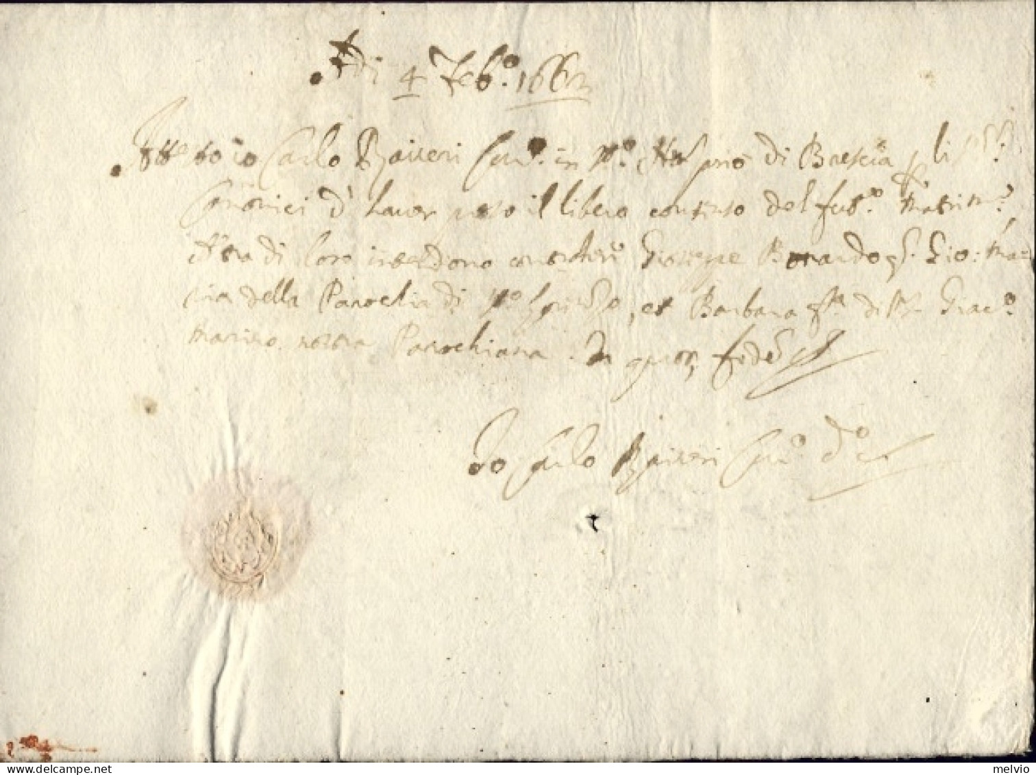 1662-documento A Firma Carlo Raineri Curato Di San Nazaro E Celso Dato In Bresci - Historische Dokumente