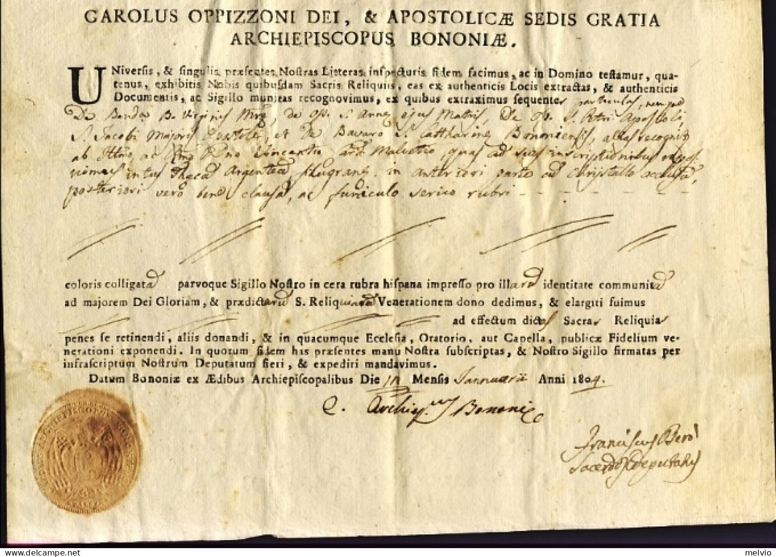 1804-documento Arcivescovo Carlo Oppizzoni Dato In Bologna Il 11 Gennaio Con Sig - Historische Dokumente