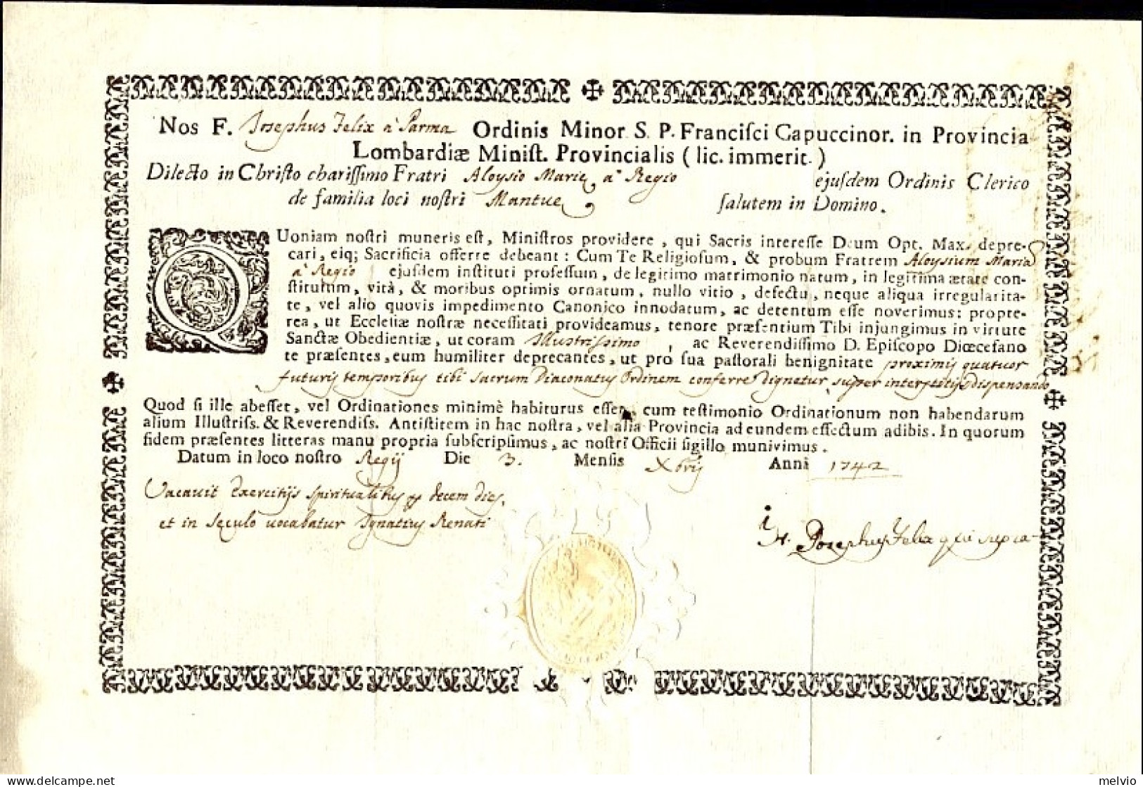 1742-documento Fra Giuseppe Felice Da Parma Dato In Reggio Emilia Il 3 Dicembre  - Documents Historiques