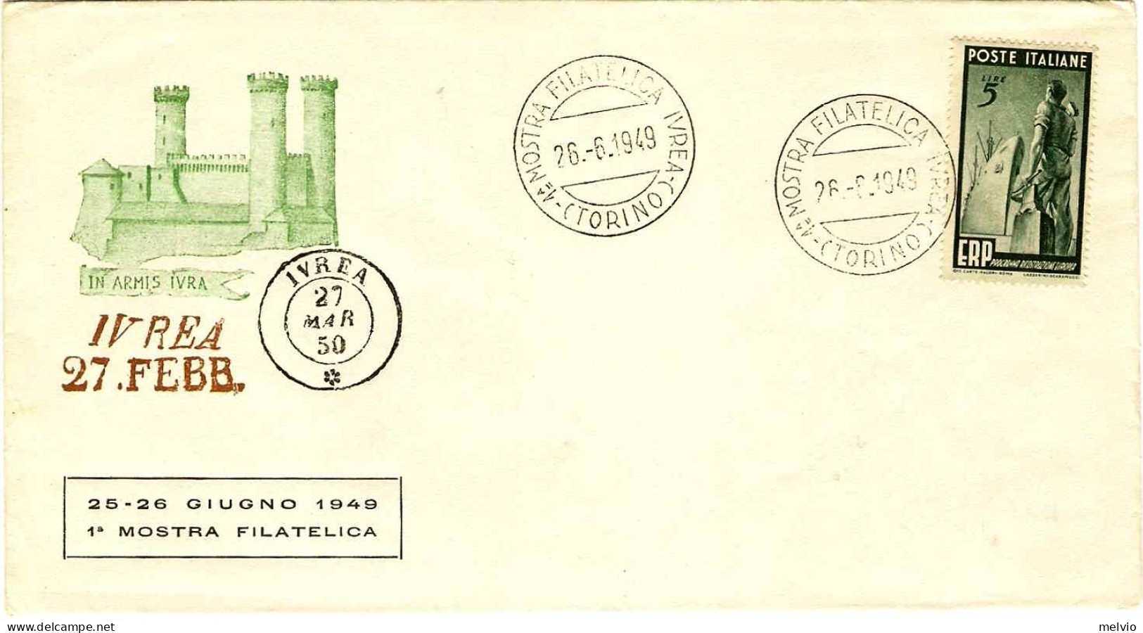 1949-cat.Sassone Euro 100, Lettera Illustrata I Mostra Filatelica Ivrea Affr. L. - Expositions