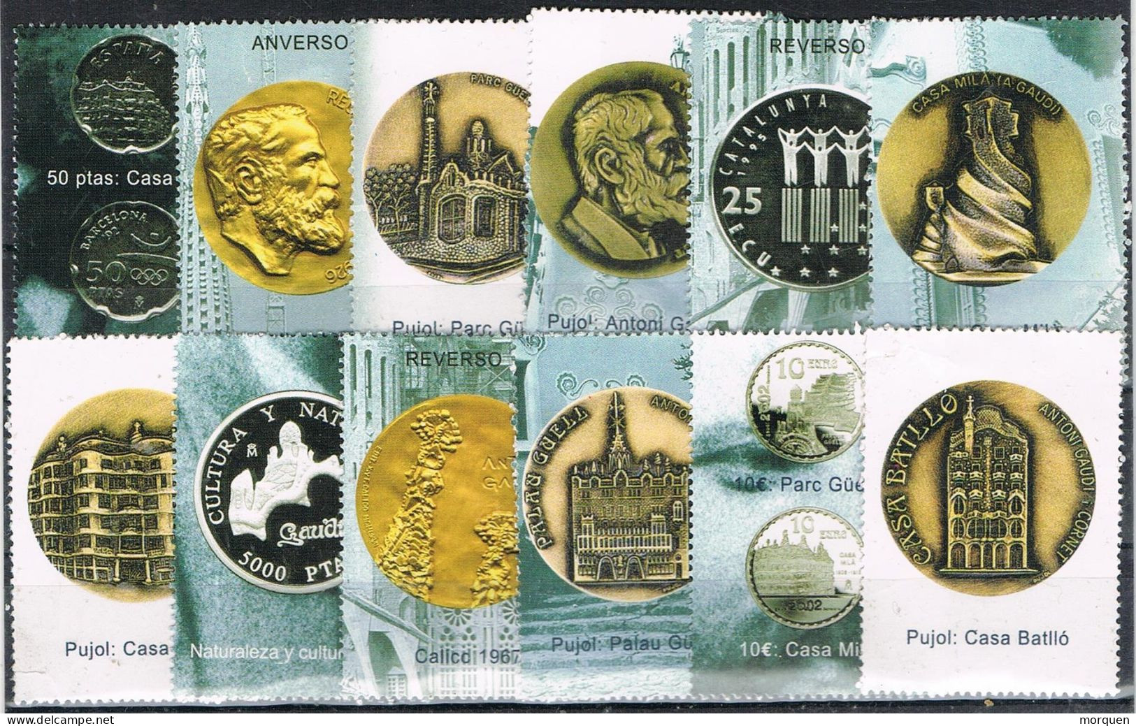 54830. Lote 12 Viñetas, Label. BARCELONA, GAUDI, Casa Batlló, Pedrera, Parc Guell, Sagrada Familia - Abarten & Kuriositäten