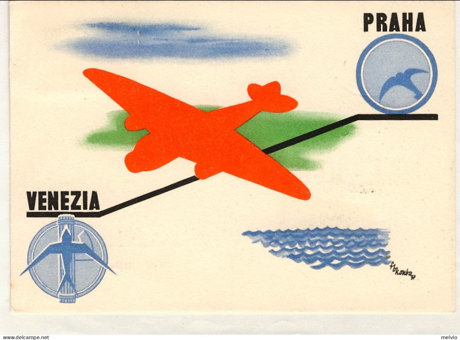 1937-Cecoslovacchia Cat.Longhi Euro 200, Cartolina A Firma F.B.Komba I^volo Prag - Aerogramme