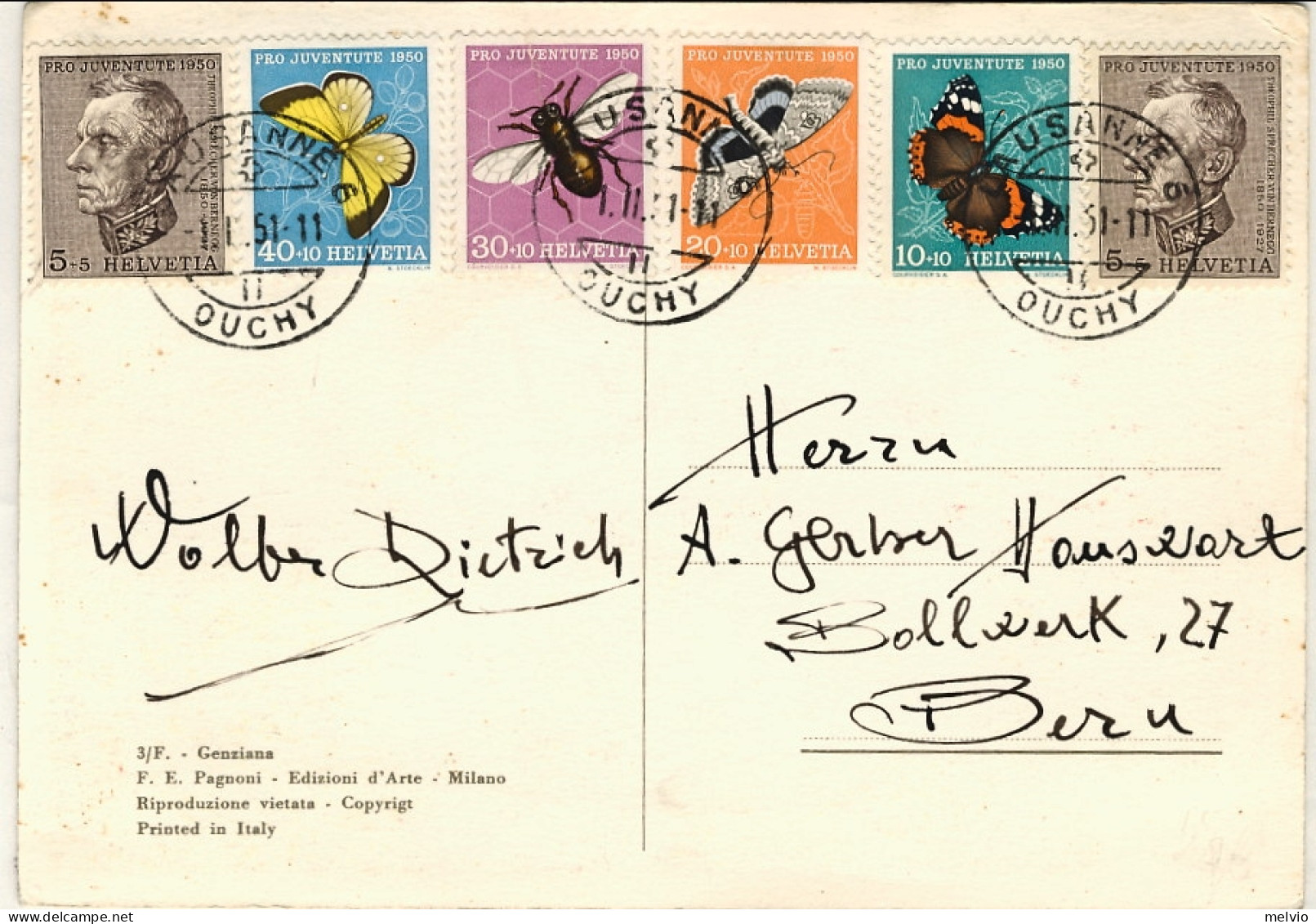 1951-Svizzera Cartolina Illustrata Flora Diretta A Berna Affrancata 5c.+s.5v."Pr - Poststempel