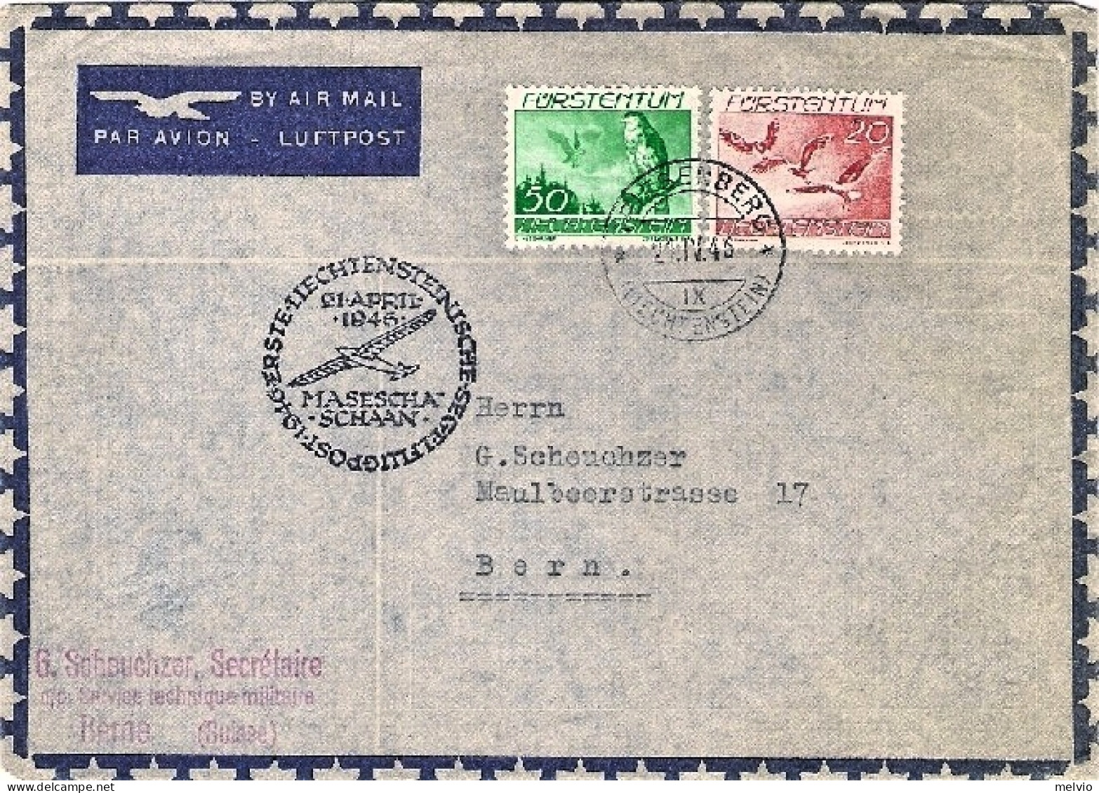 1946-Liechtenstein Volo Speciale Diretto In Svizzera Masesha-Schaan - Luftpost