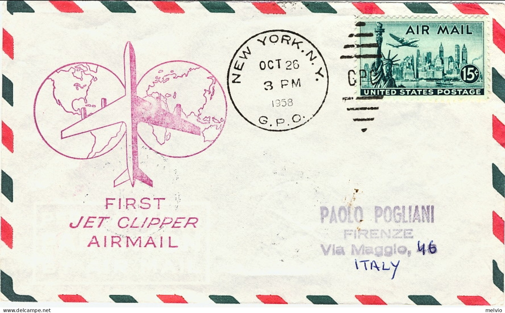 1958-U.S.A. Volo "First Jet Clipper Airmail" New York Parigi (Roma) Bollo Vinace - Andere & Zonder Classificatie