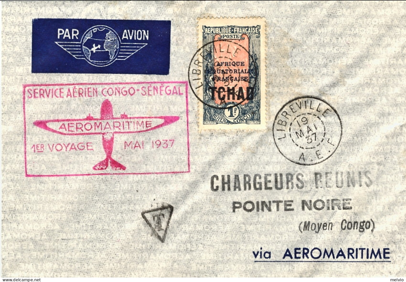 1937-Ciad Bollo Rosso "Service Aerien Congo-Senegal Aeromaritime 1 Voyage May193 - Otros & Sin Clasificación
