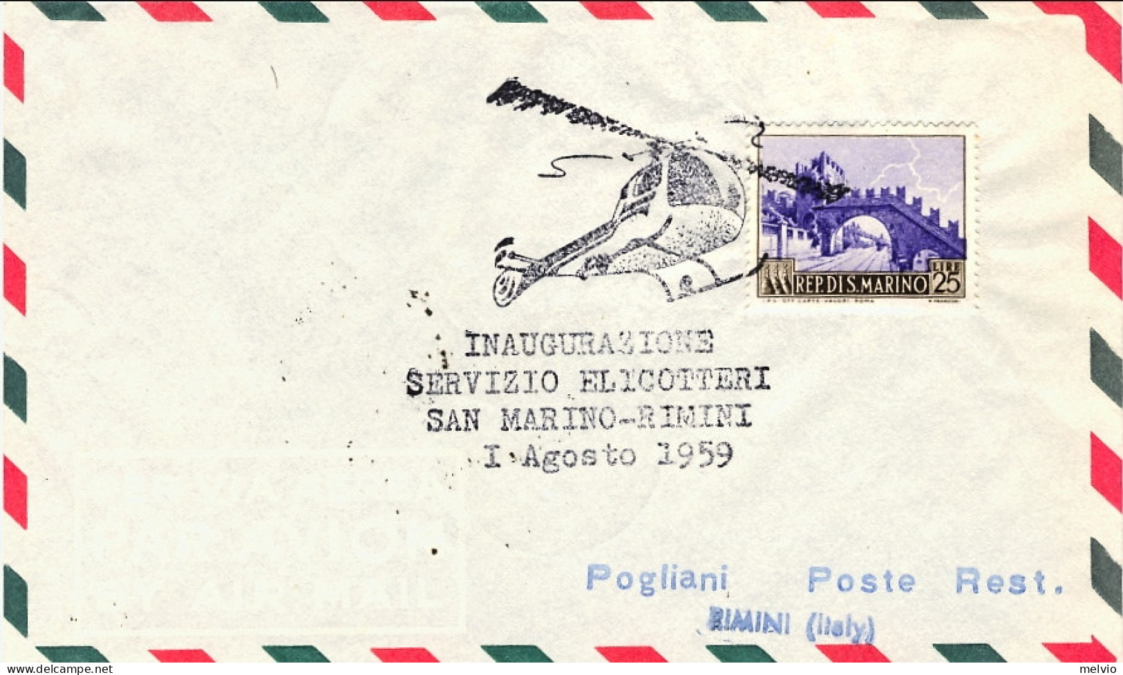 San Marino-1959 Affr. L.25 Bollo Speciale Inaugurazione Servizio Elicotteri San  - Corréo Aéreo