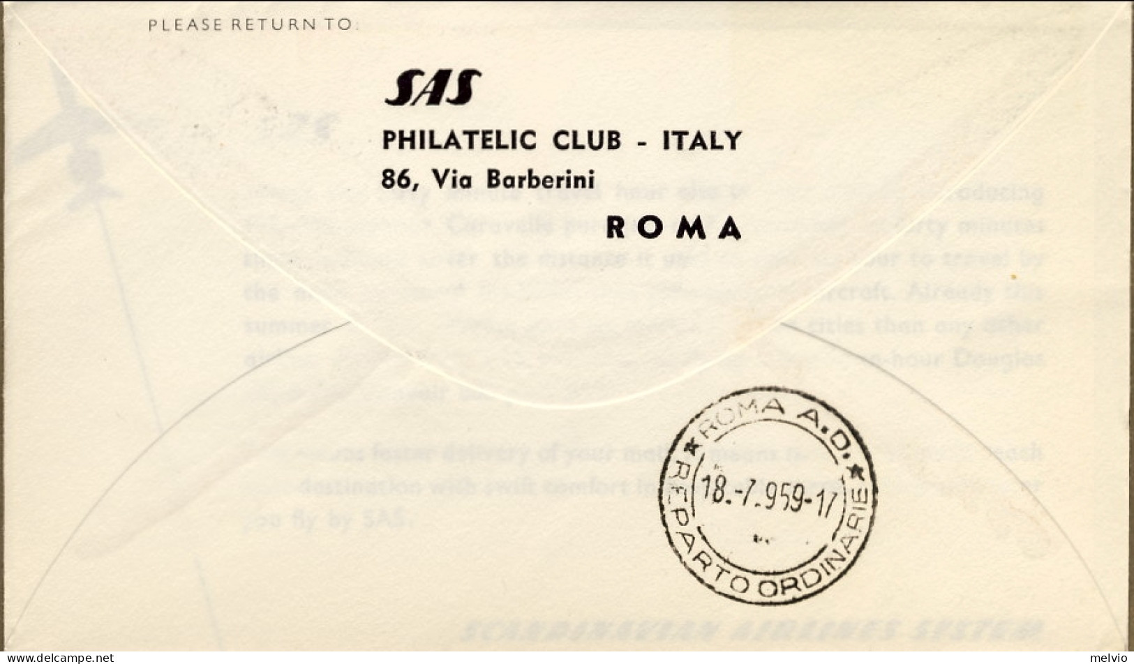 1959-Svizzera SAS I^volo Caravelle Ginevra-Roma Del 17 Luglio - Premiers Vols