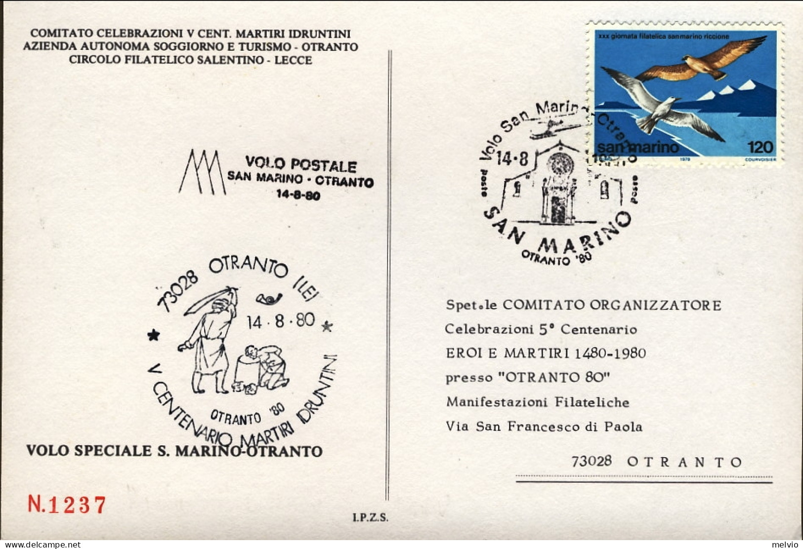 San Marino-1980 Cartolina Illustrata Manifestazione Filateliche Otranto Volo Spe - Poste Aérienne
