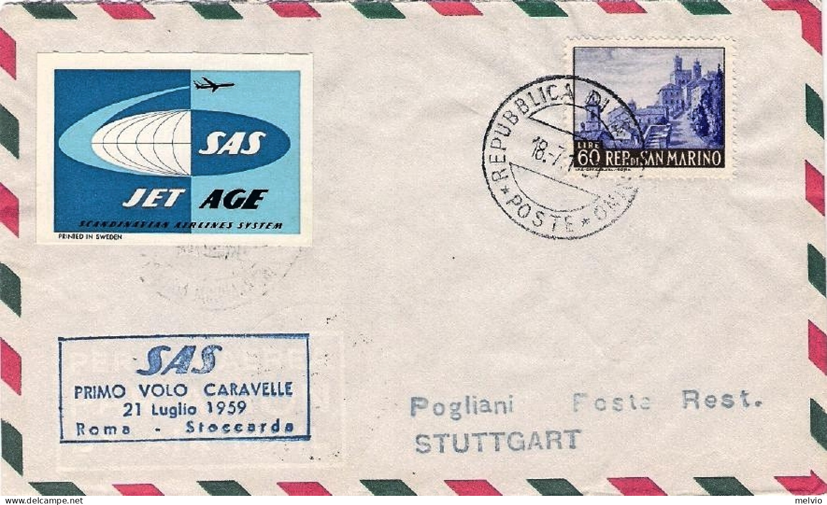 San Marino-1959 Cat.Pellegrini N.1020 Euro 75, I^volo SAS Caravelle Roma Stoccar - Poste Aérienne