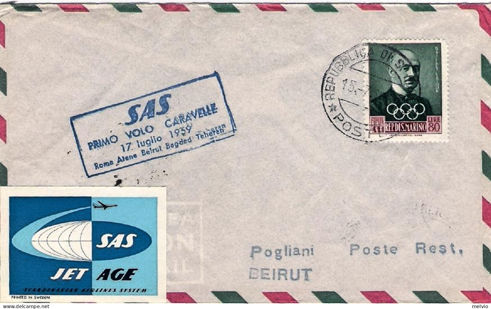 San Marino-1959 Cat.Pellegrini N.1004 Euro 75, I^volo SAS Caravelle Roma Beyrout - Poste Aérienne