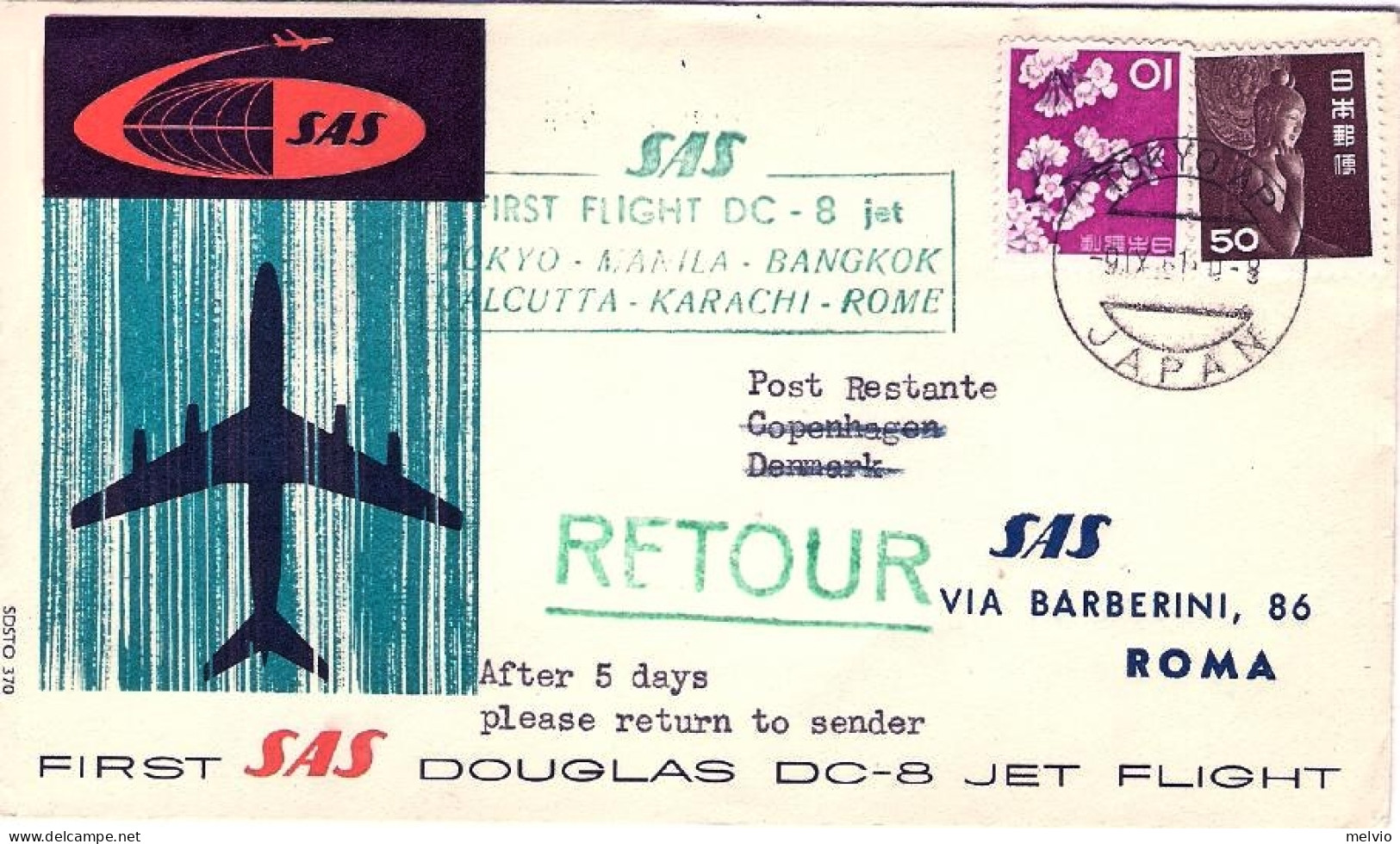 1961-Giappone Japan I^volo SAS Tokyo Roma Del 9 Settembre, Cat.Pellegrini Euro 8 - Autres & Non Classés