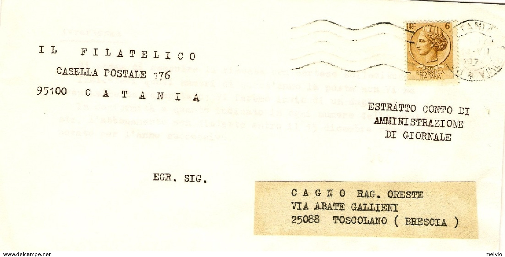 1973-piego Estratto Conto Di Giornale Affr. L.6 Siracusana Isolato Cat.Sassone E - 1971-80: Marcophilie