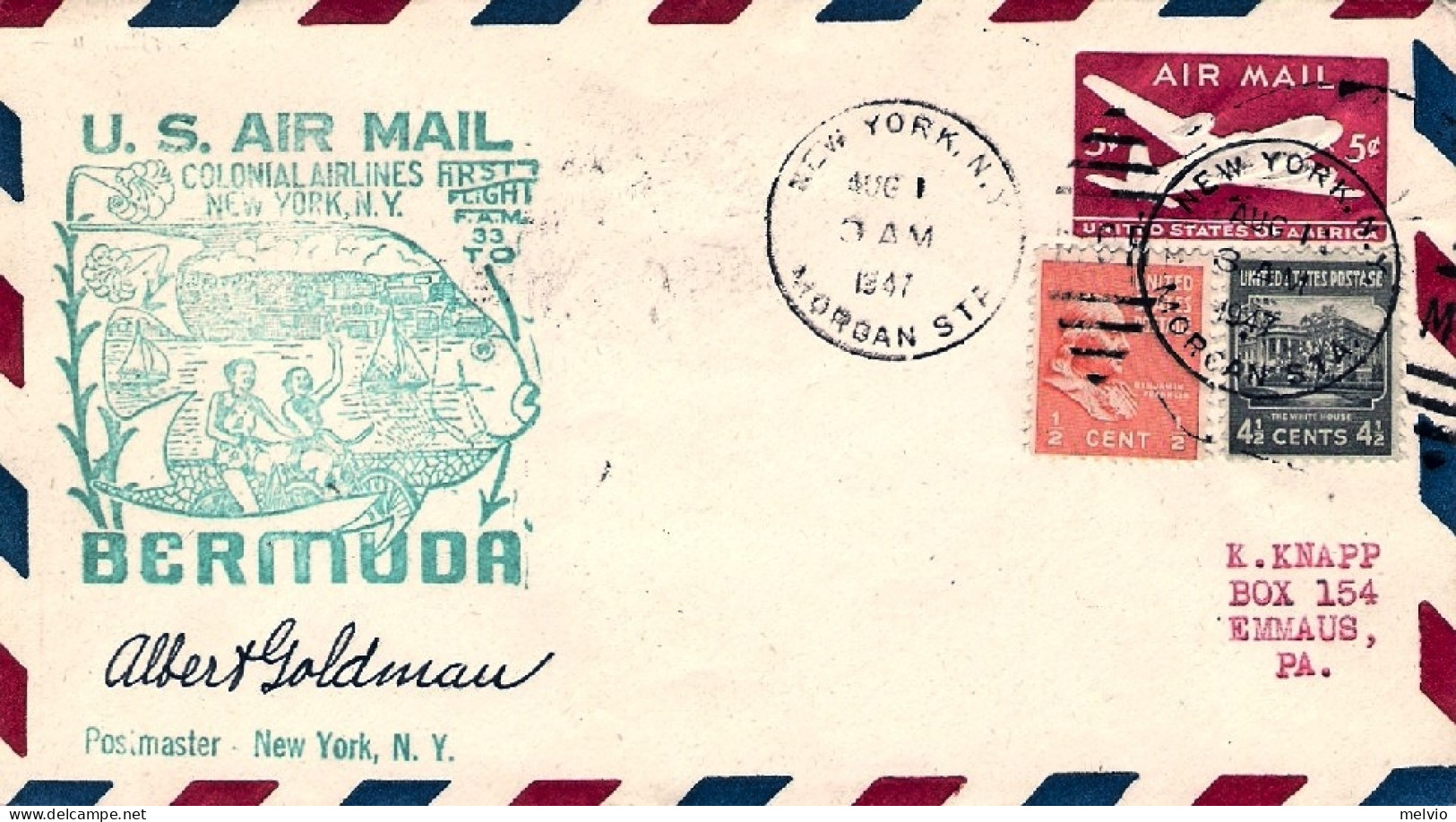 1947-U.S.A. I^volo Colonial Airlines F.A.M.33 New York-Bermuda Del 1 Agosto Cat. - Autres & Non Classés