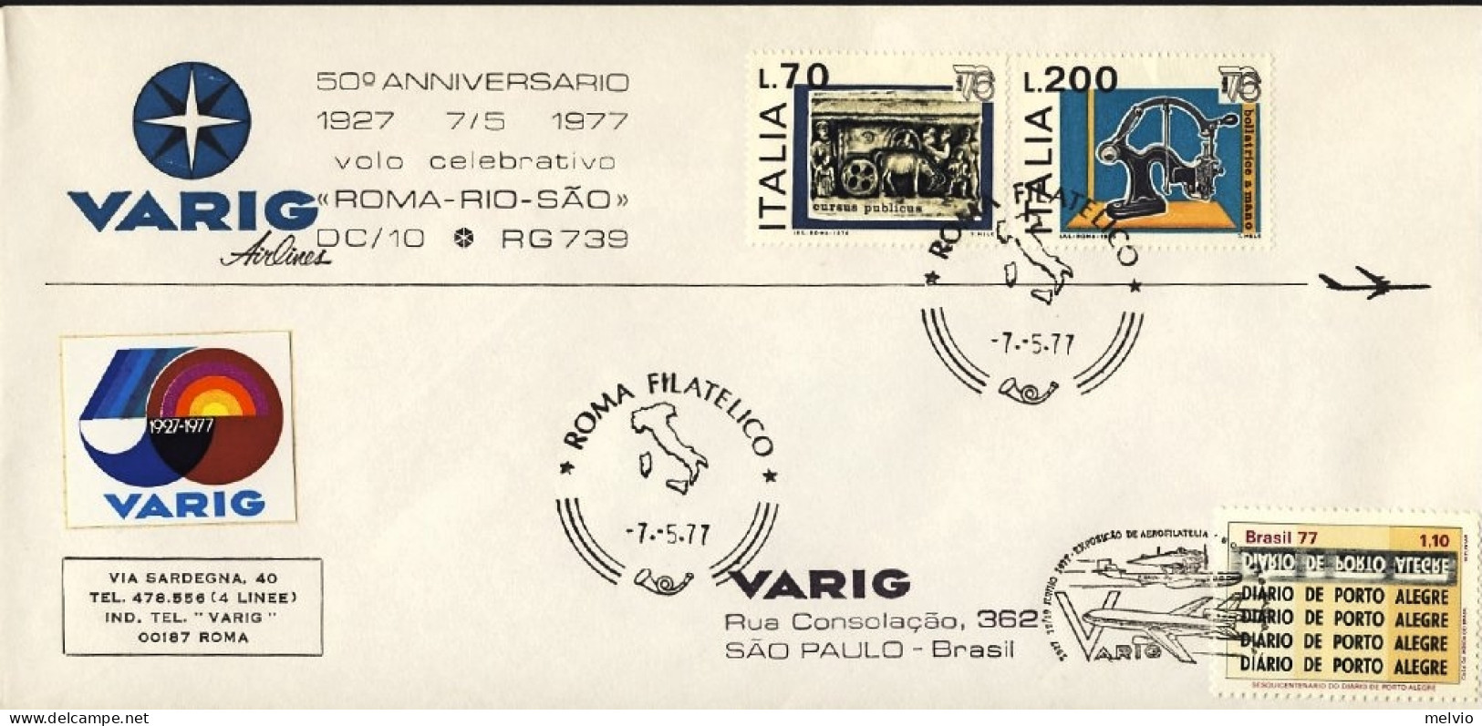 1977-Varig Commemorativo Del Cinquantenario Volo Brasile Italia+vignetta - Luftpost