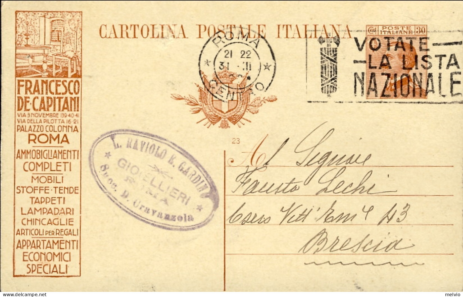 1924-cartolina Postale 30c.arancio Tassello Pubblicitario "Francesco De Capitani - Interi Postali