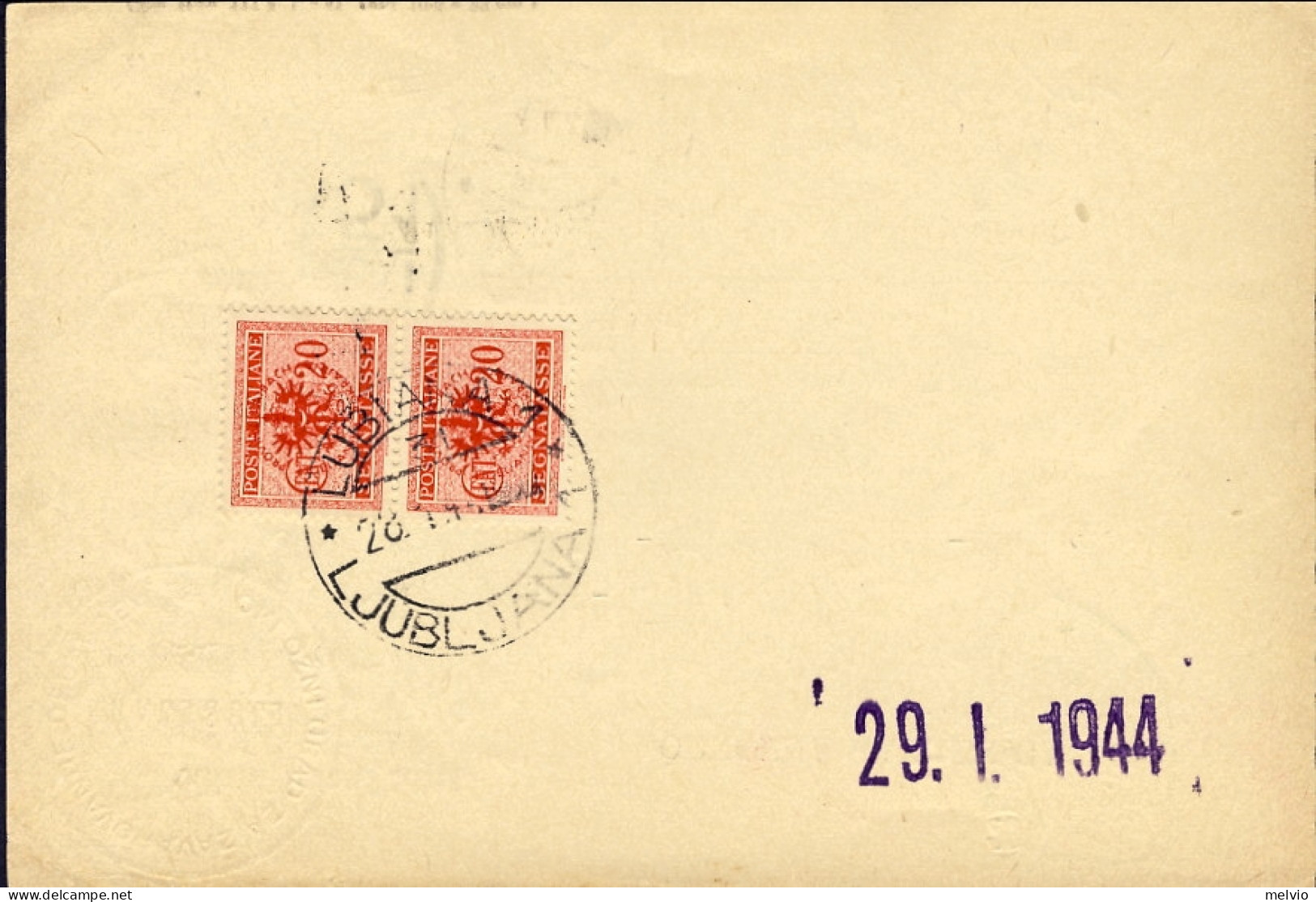 1944-Lubiana Occ.Tedesca Coppia Segnatasse 20c.su Ricevuta Vaglia - Lubiana
