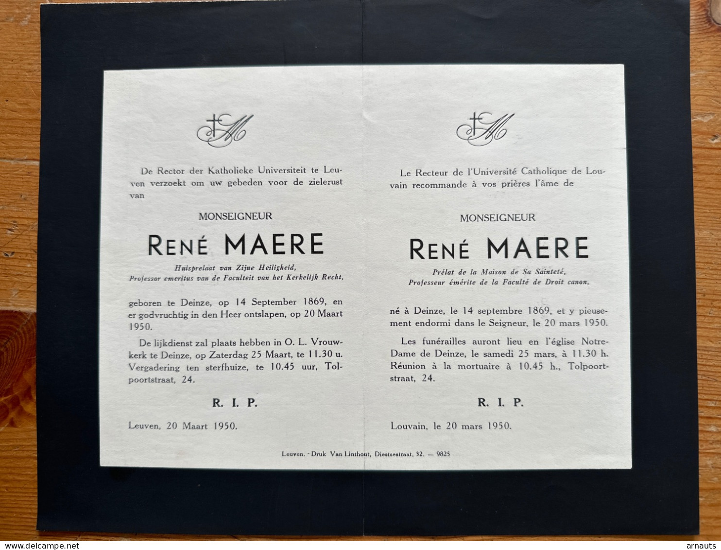 Rector Kath. Univ Leuven KUL U Gebed Monseigneur Rene Maere *1869 Deinze +1950 Deinze Huisprelaat Zijne Heiligheid Prof - Obituary Notices