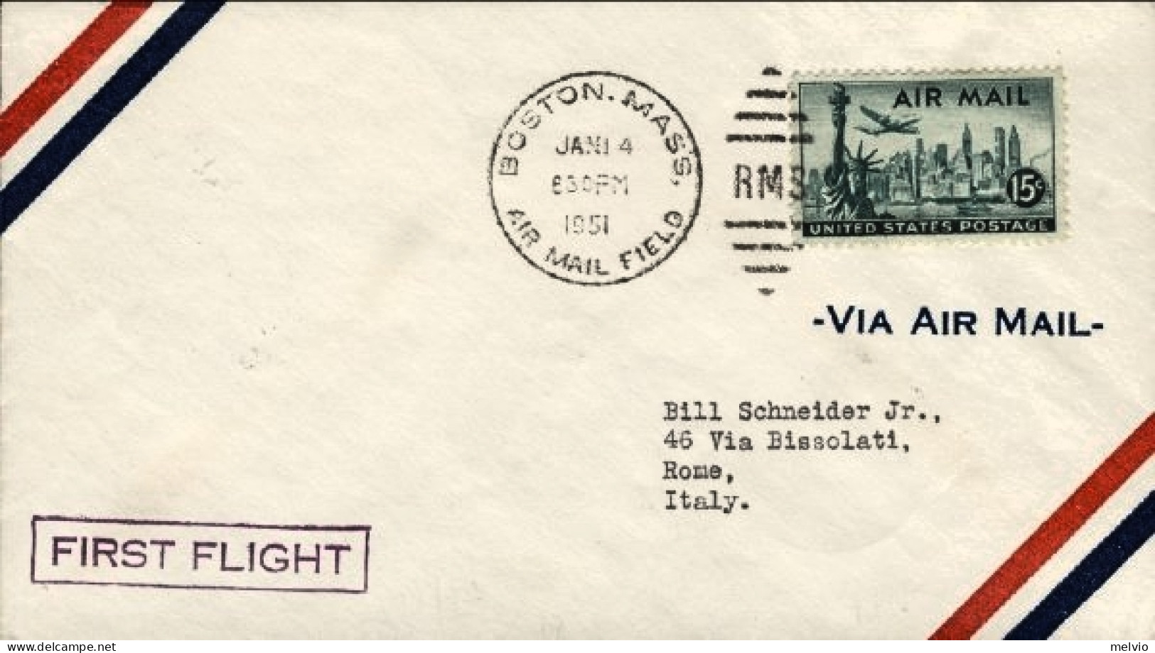 1951-U.S.A. Cat.Pellegrini N.399 Euro 210, Pan Am I^volo Boston Roma Sulla FAM/1 - Other & Unclassified