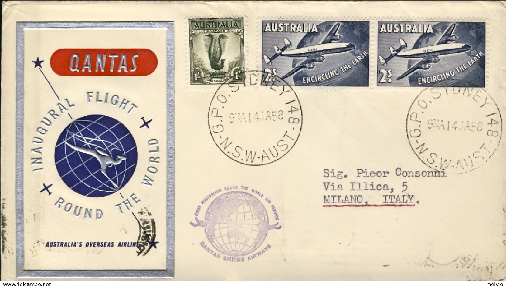 1958-Australia Ufficiale Quantas Inaugural Flight Round The World Diretto A Mila - Aerograms