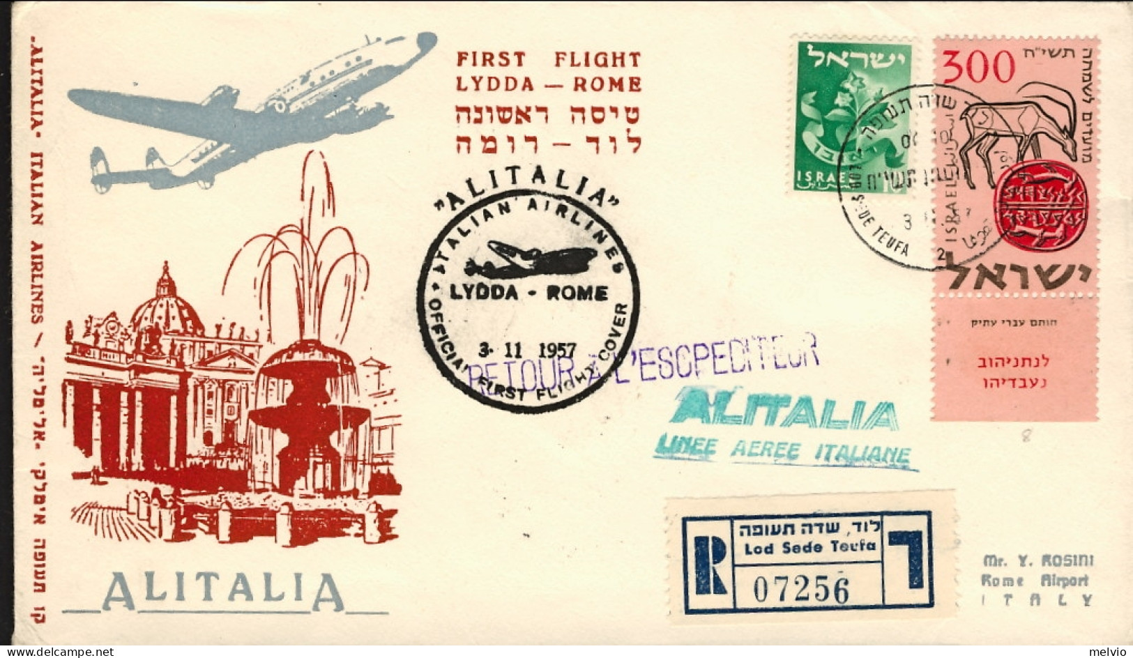 1957-Israele Cat.Pellegrini N.771 Euro 110, I^volo Alitalia Lydda Roma Del 3 Nov - Luftpost