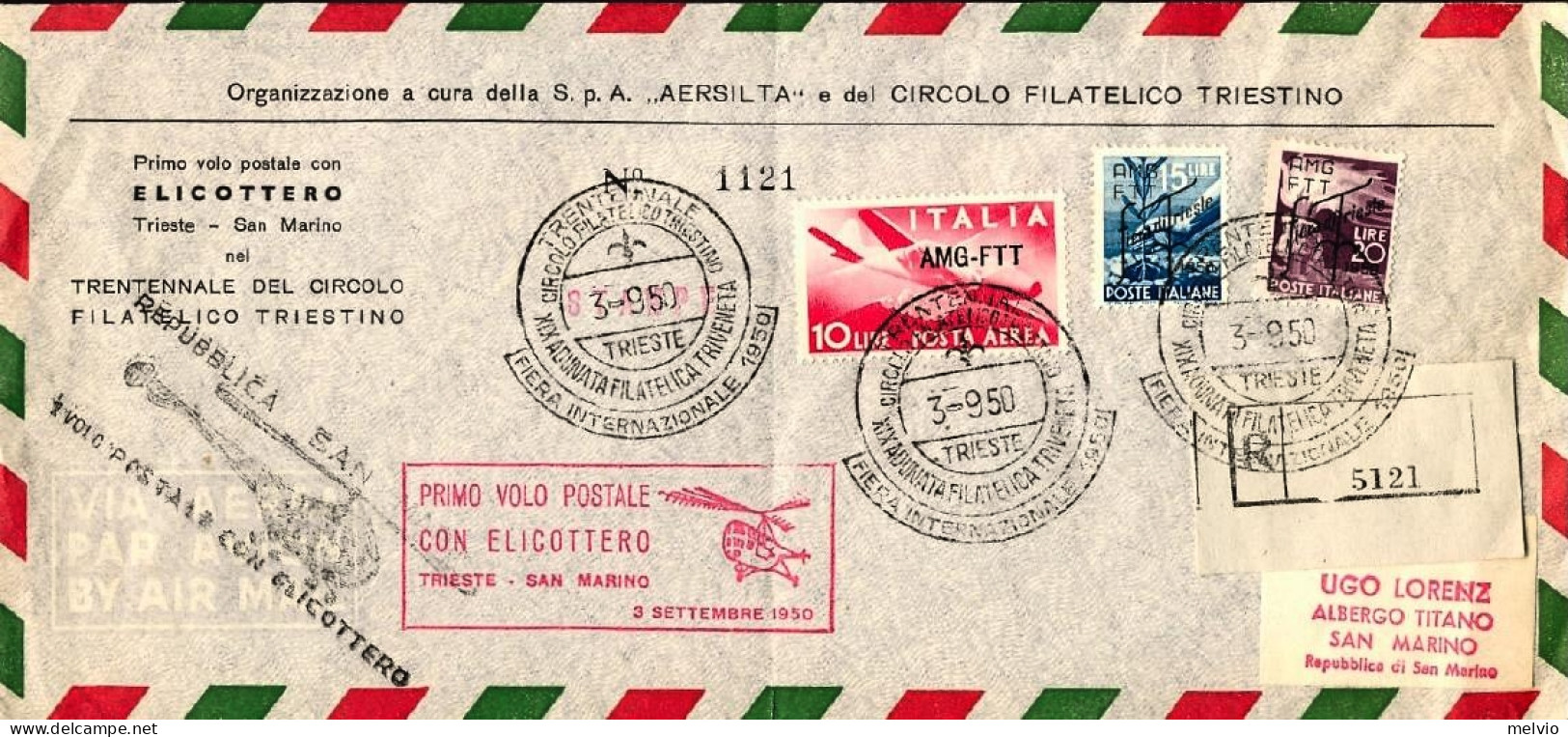 San Marino-1950 Raccomandata I^volo Postale Con Elicottero Trieste-San Marino De - Storia Postale