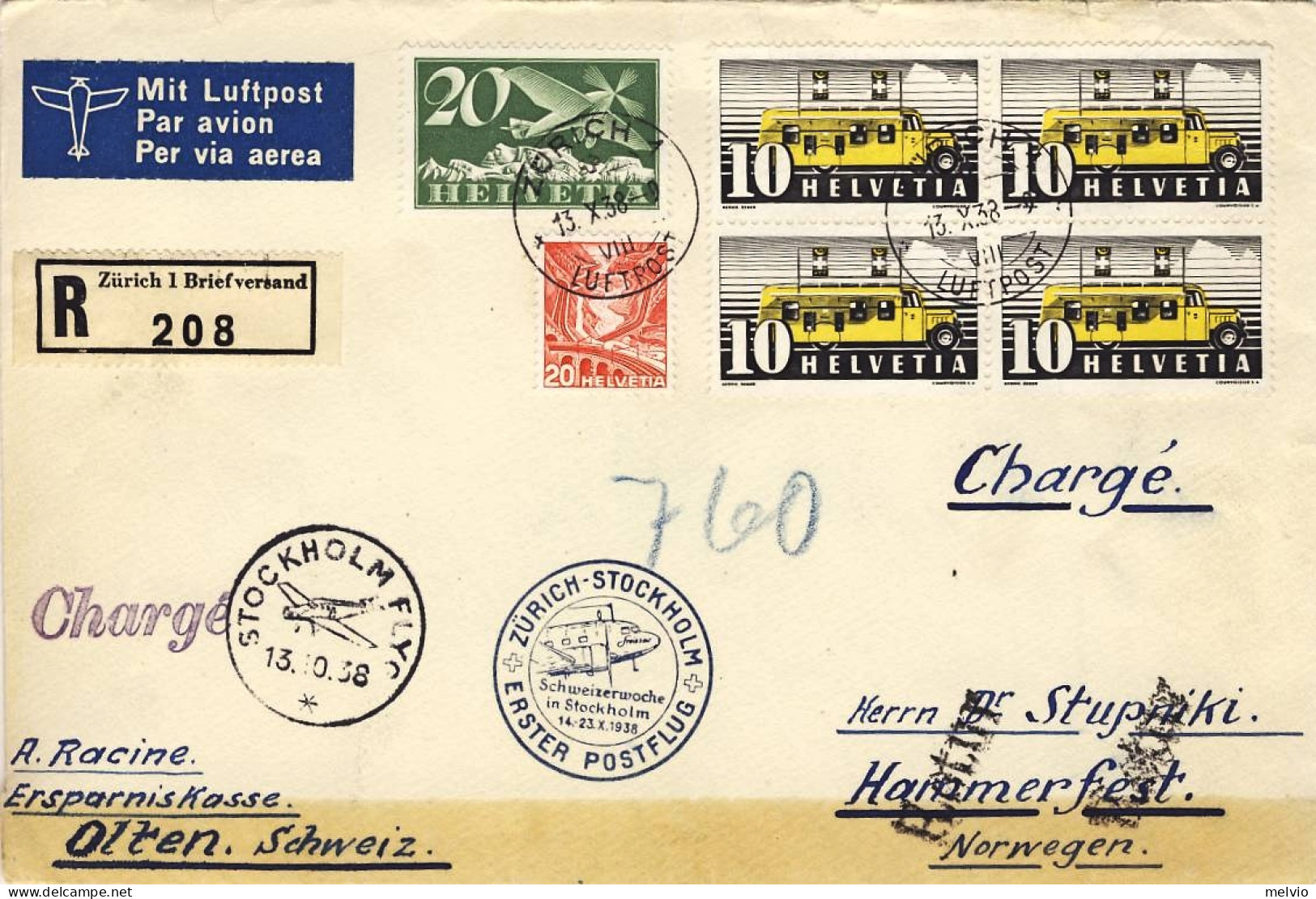 1938-Svizzera Diretto Ad Hammerfest, Erster Postflug Zurich Stockholm I^volo Swi - Premiers Vols