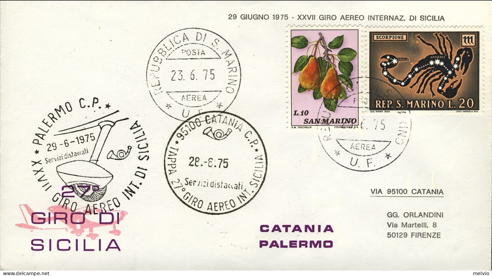 San Marino-1975 Per Il 27^ Giro Di Sicilia Tappa Catania Palermo Del 28 Giugno - Poste Aérienne