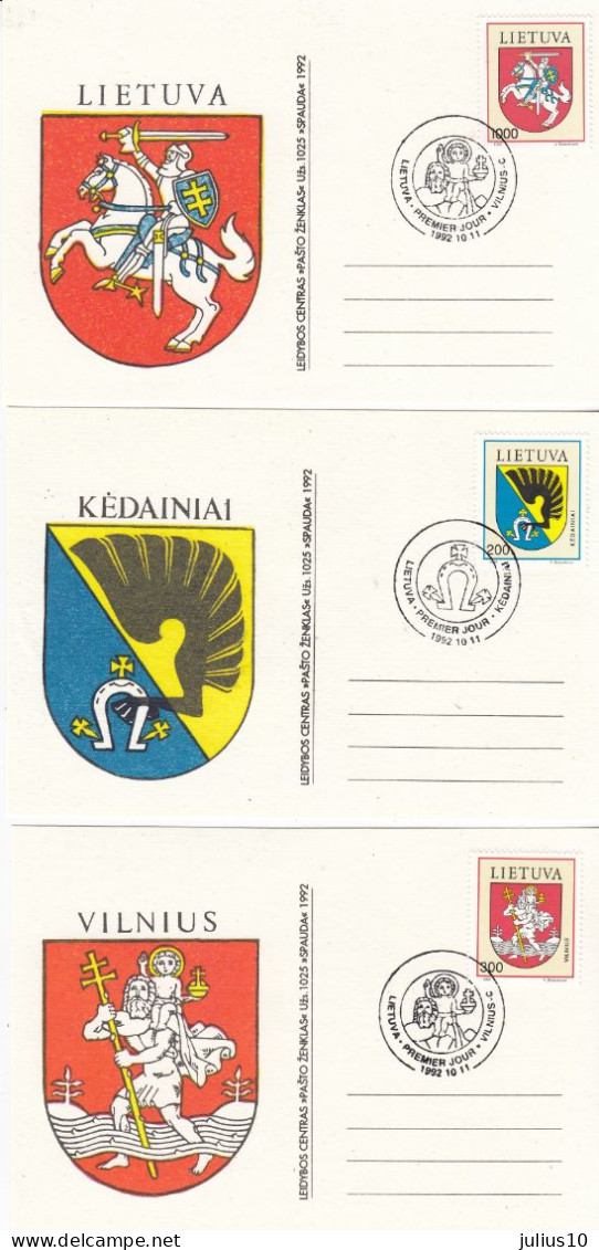 LITHUANIA 1992 Postcards Coat Of Arms FDC Mi 505-507 #LTV241 - Lituania