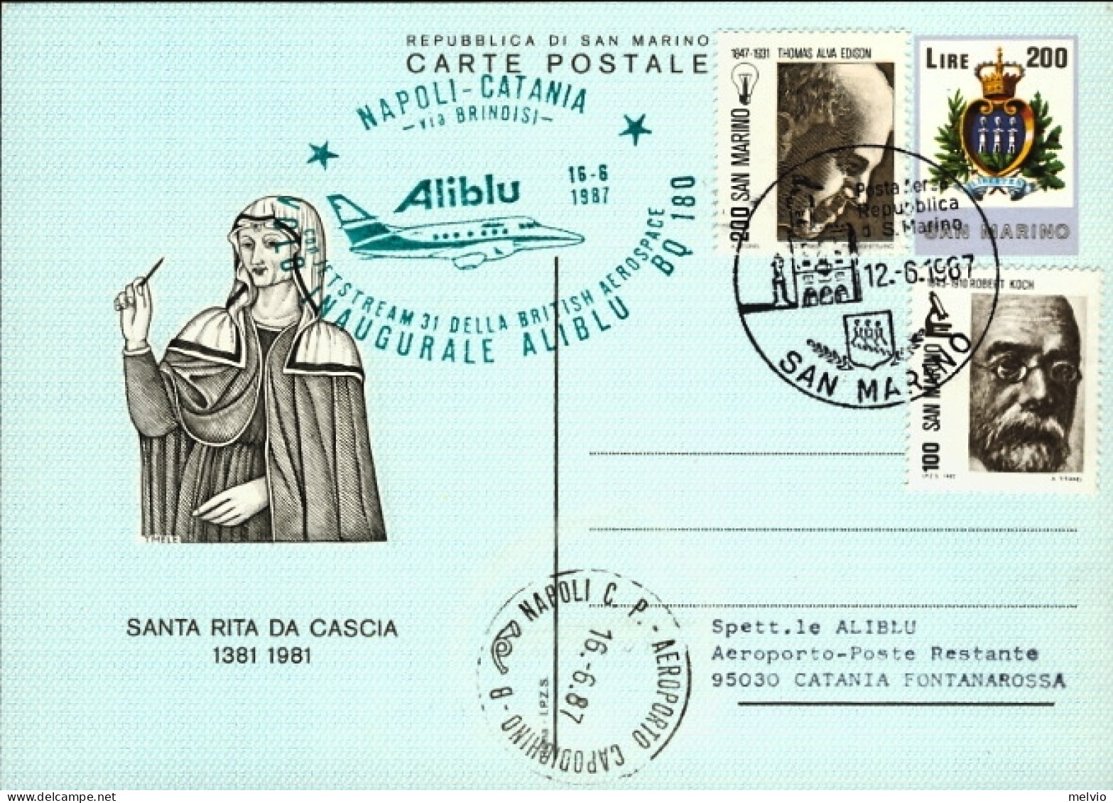 San Marino-1987 I^volo Aliblu BQ 180 Napoli Catania Via Brindisi (30 Pezzi Trasp - Corréo Aéreo