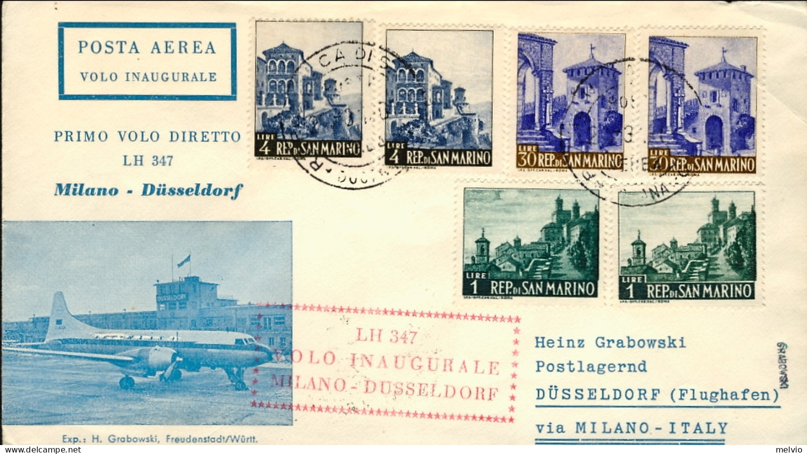 San Marino-1961 I^volo Lufthansa Milano Dusseldorf Del 3 Aprile - Poste Aérienne