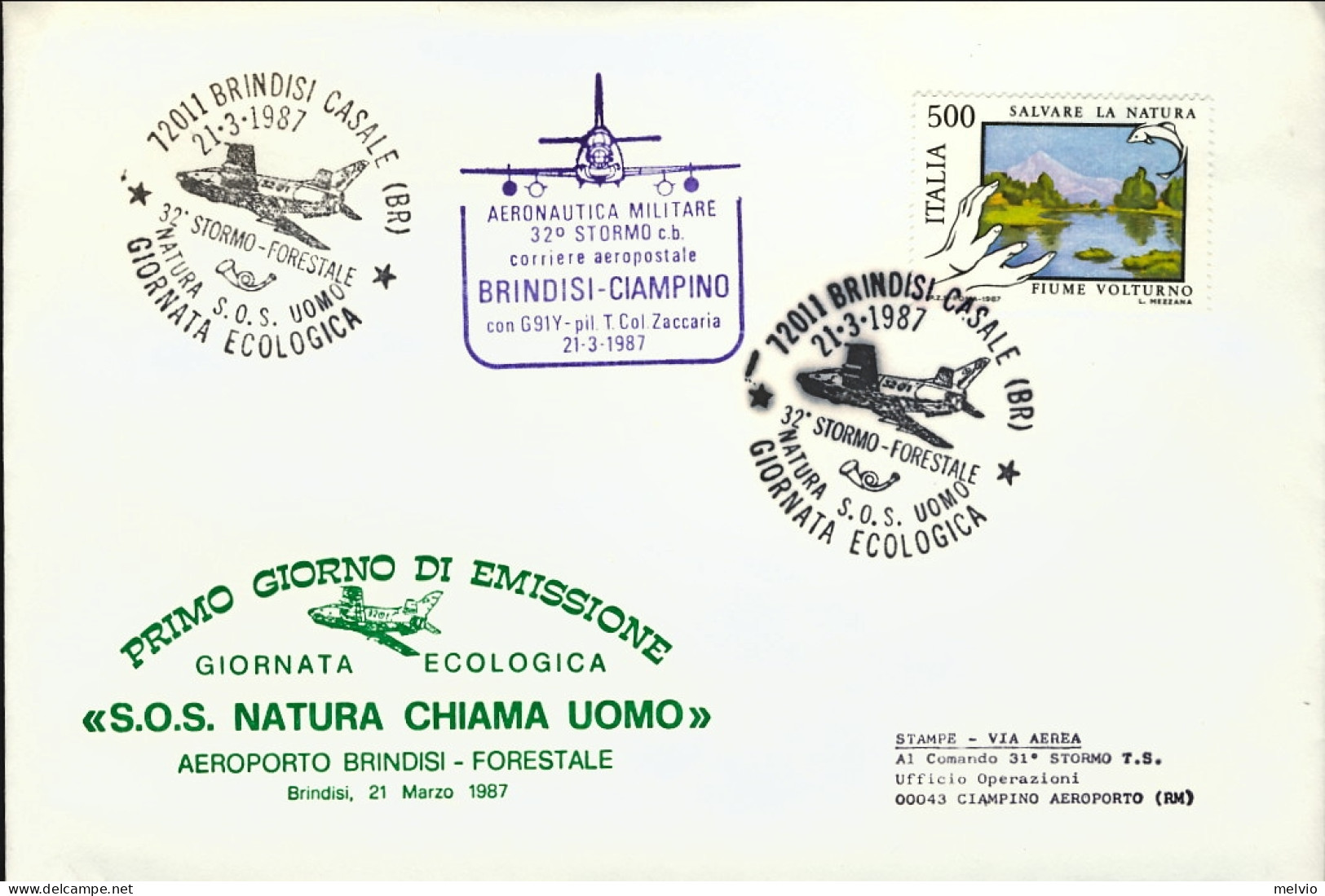 1987-cachet Natura S.o.s. Uomo Giornata Ecologica Corriere Aereo Postale Dell'ae - 1981-90: Storia Postale