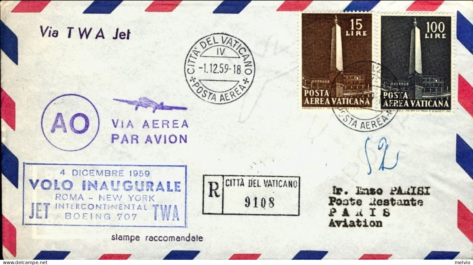 Vaticano-1959 Cat.Pellegrini N.1076 Euro 75, I^volo Boeing TWA Roma Parigi Del 4 - Aéreo