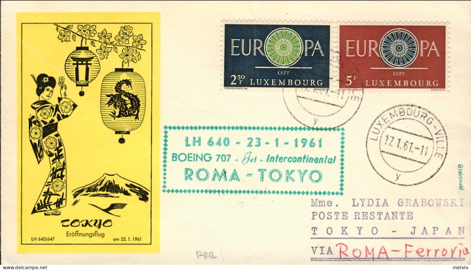 1961-Luxembourg Lussemburgo I^volo Lufthansa Boeing 707 Roma Tokyo Del 23 Gennai - Lettres & Documents
