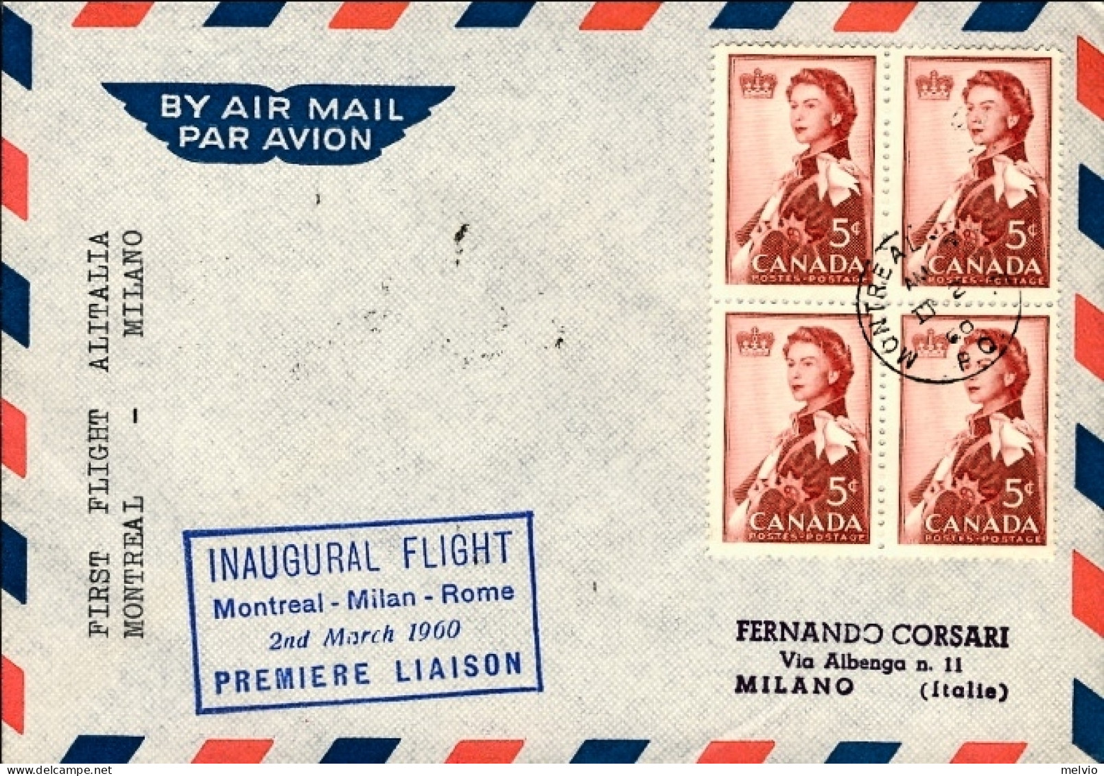 1960-Canada I^volo Alitalia Montreal Milano Del 2 Marzo, Cat.Pellegrini N.1098 E - Primeros Vuelos