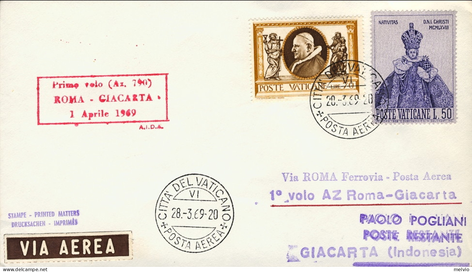 Vaticano-1969 I^volo AZ-790 Roma-Djakarta Del 1 Aprile - Poste Aérienne